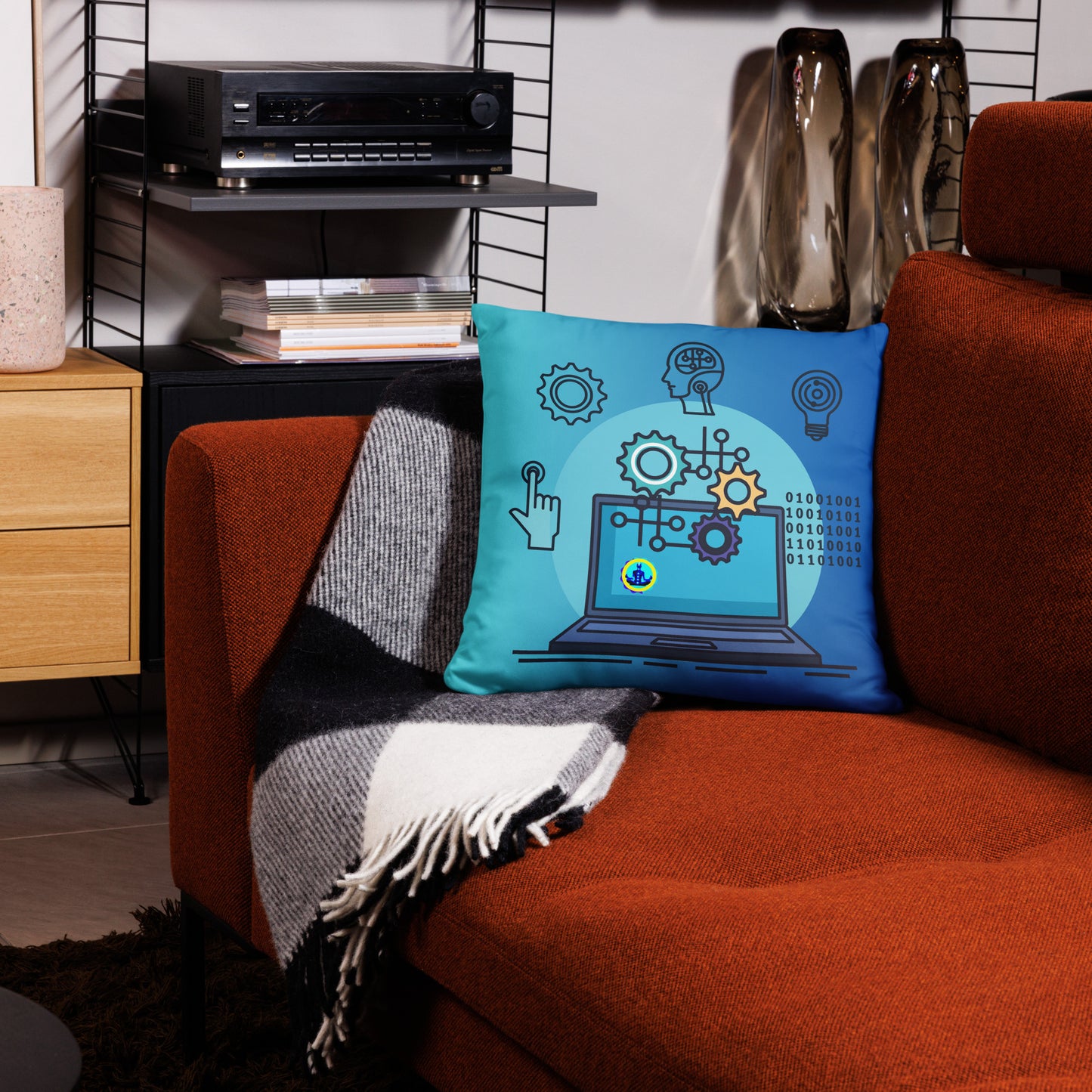 Laptop with Artificial Intelligence, Head, Hand 1s and 0s, Nuts, Bolts, CALMNESS DESIGNS, Creative Designer's, Pillow Case
