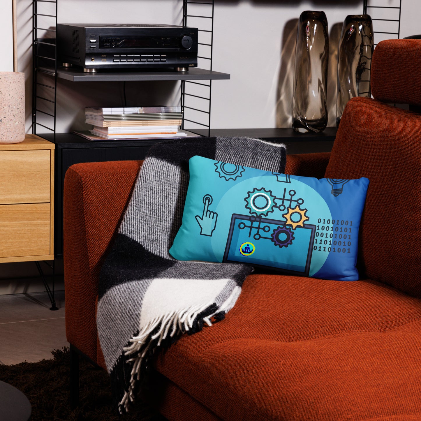 Laptop with Artificial Intelligence, Head, Hand 1s and 0s, Nuts, Bolts, CALMNESS DESIGNS, Creative Designer's, Pillow Case