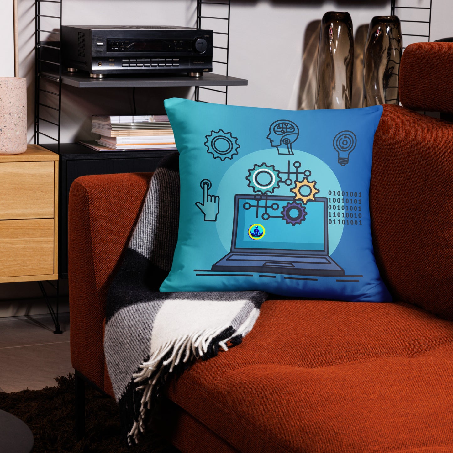 Laptop with Artificial Intelligence, Head, Hand 1s and 0s, Nuts, Bolts, CALMNESS DESIGNS, Creative Designer's, Pillow Case