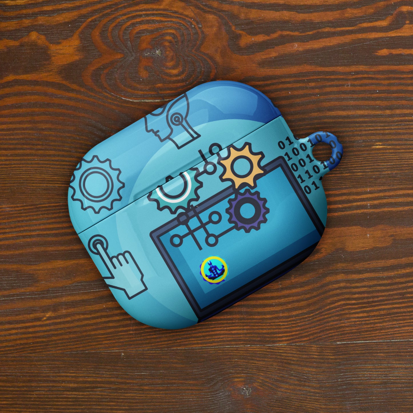 Laptop with Artificial Intelligence, Head, Hand 1s and 0s, Nuts, Bolts, CALMNESS DESIGNS, Creative Designer's, Case for AirPods®