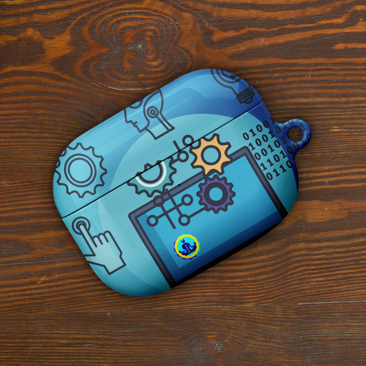 Laptop with Artificial Intelligence, Head, Hand 1s and 0s, Nuts, Bolts, CALMNESS DESIGNS, Creative Designer's, Case for AirPods®