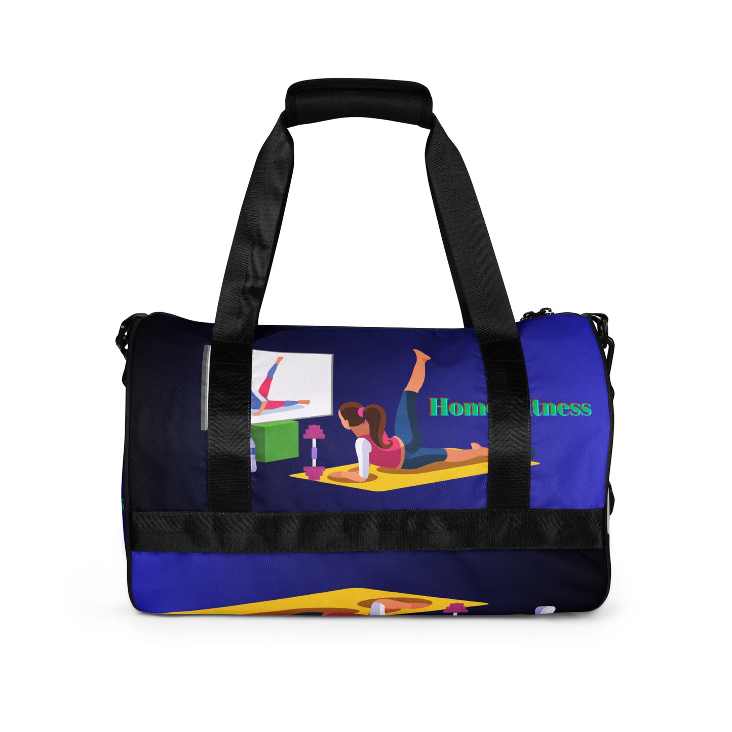 Home Fitness, TV, Water-Bottle, Woman doing Yoga, Pet-Cat, Fitness Equipment, All-over print gym bag