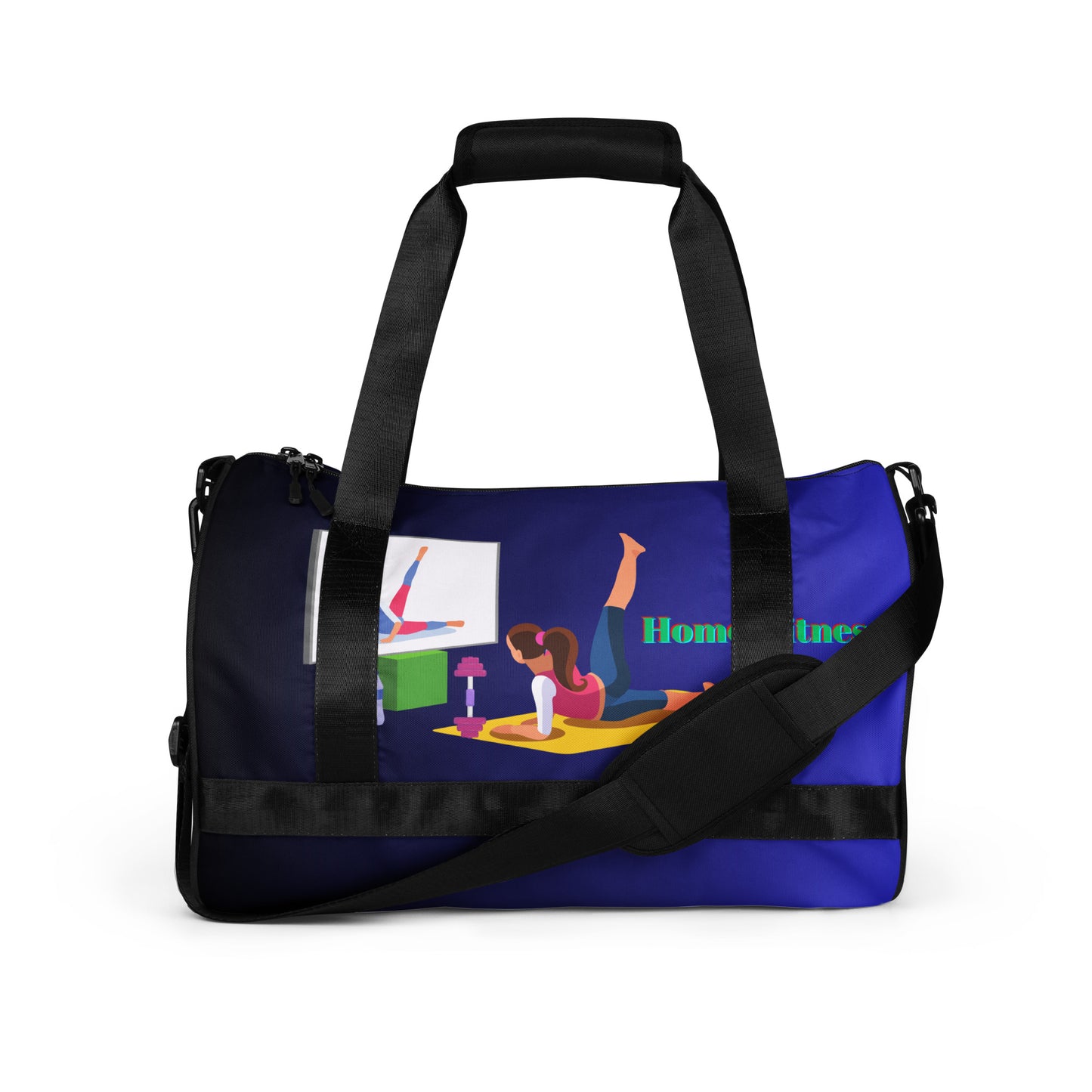Home Fitness, TV, Water-Bottle, Woman doing Yoga, Pet-Cat, Fitness Equipment, All-over print gym bag