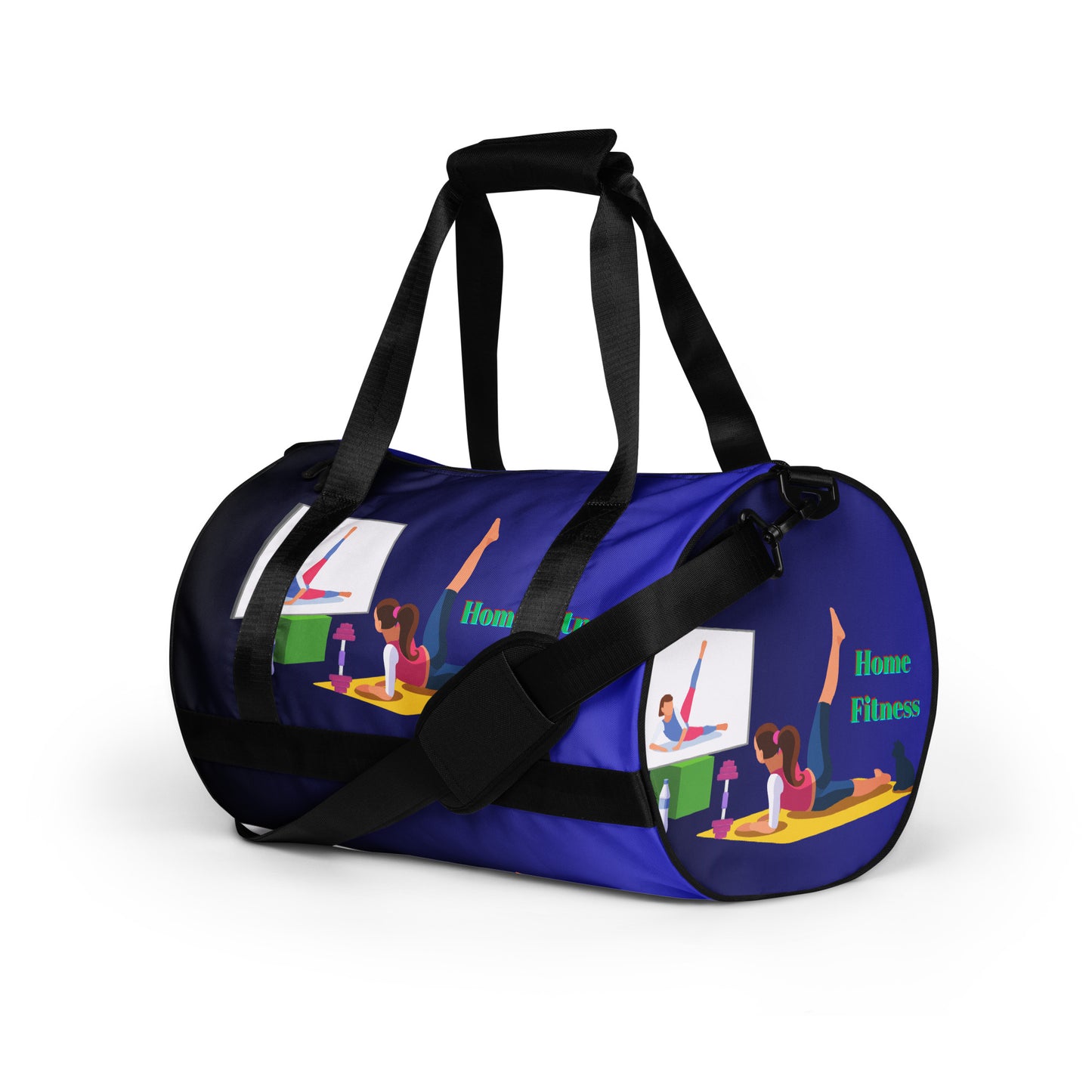 Home Fitness, TV, Water-Bottle, Woman doing Yoga, Pet-Cat, Fitness Equipment, All-over print gym bag