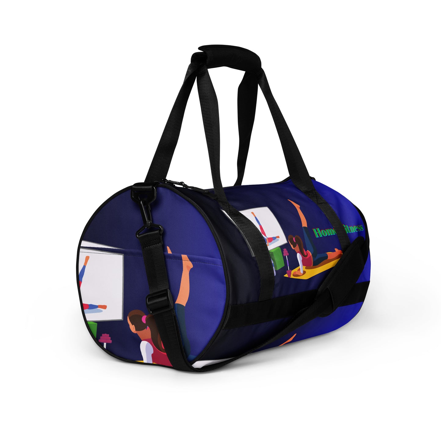 Home Fitness, TV, Water-Bottle, Woman doing Yoga, Pet-Cat, Fitness Equipment, All-over print gym bag