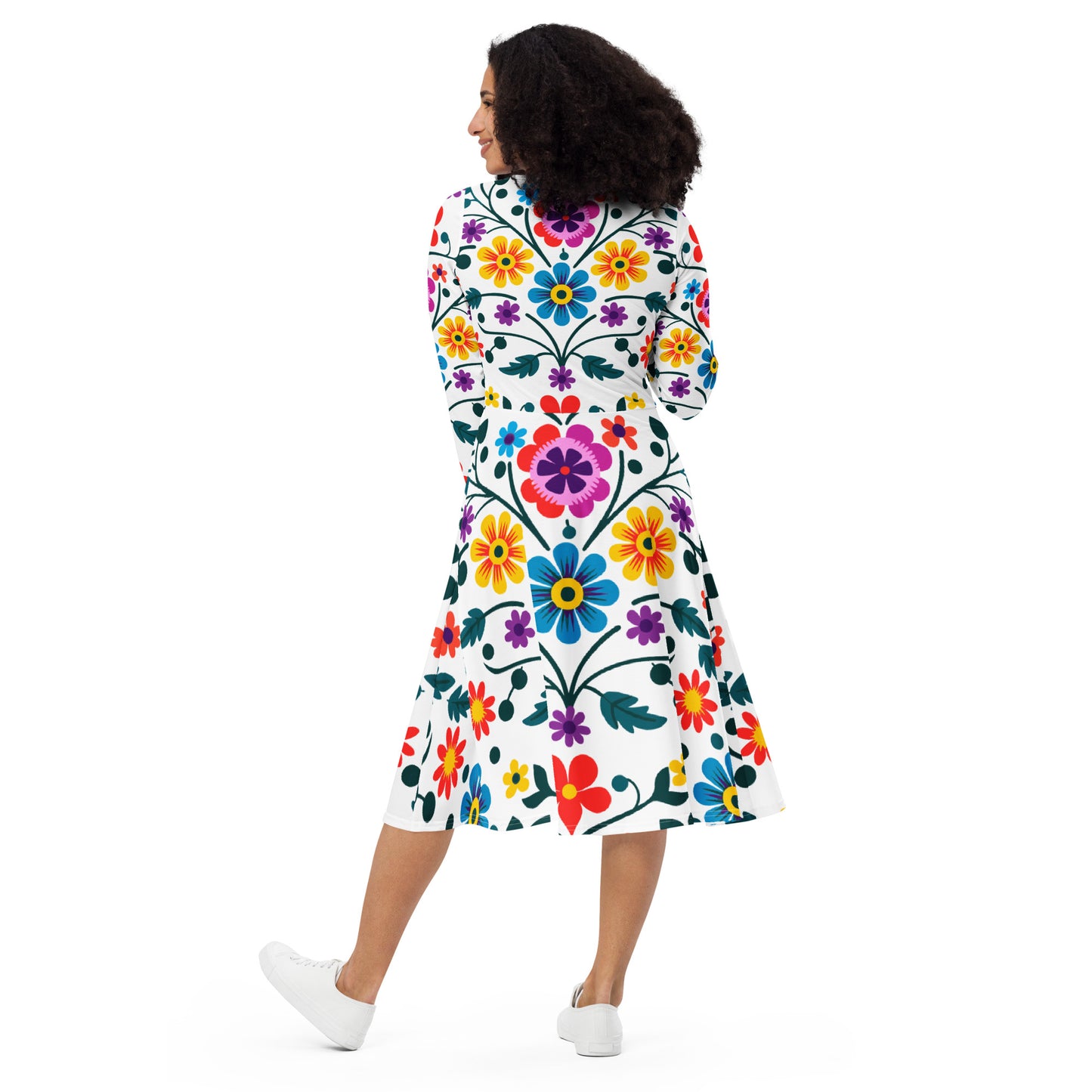 Mexican Embroidery Seamless Pattern, CALMNESS DESIGNS, Creative Designer's, All-over print long sleeve midi dress