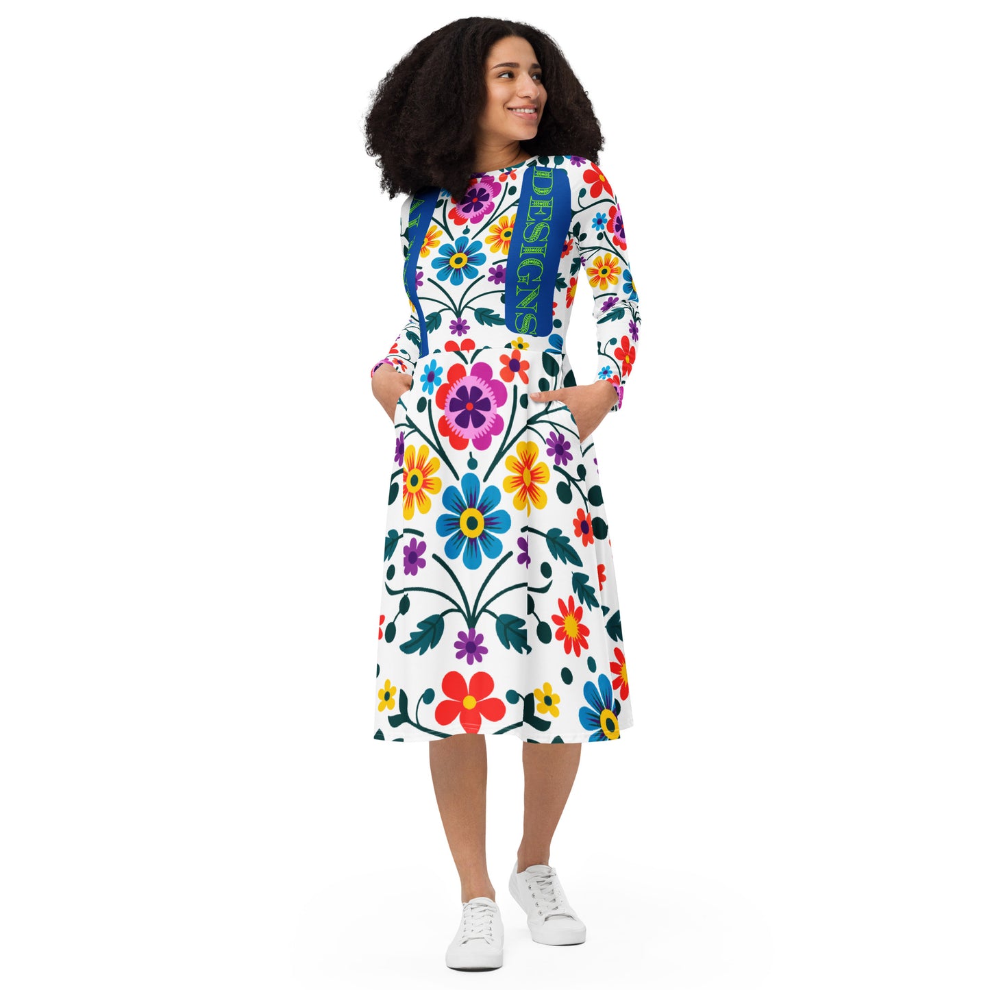 Mexican Embroidery Seamless Pattern, CALMNESS DESIGNS, Creative Designer's, All-over print long sleeve midi dress