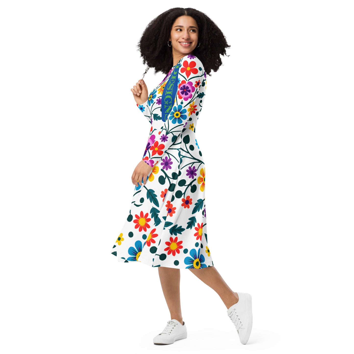 Mexican Embroidery Seamless Pattern, CALMNESS DESIGNS, Creative Designer's, All-over print long sleeve midi dress