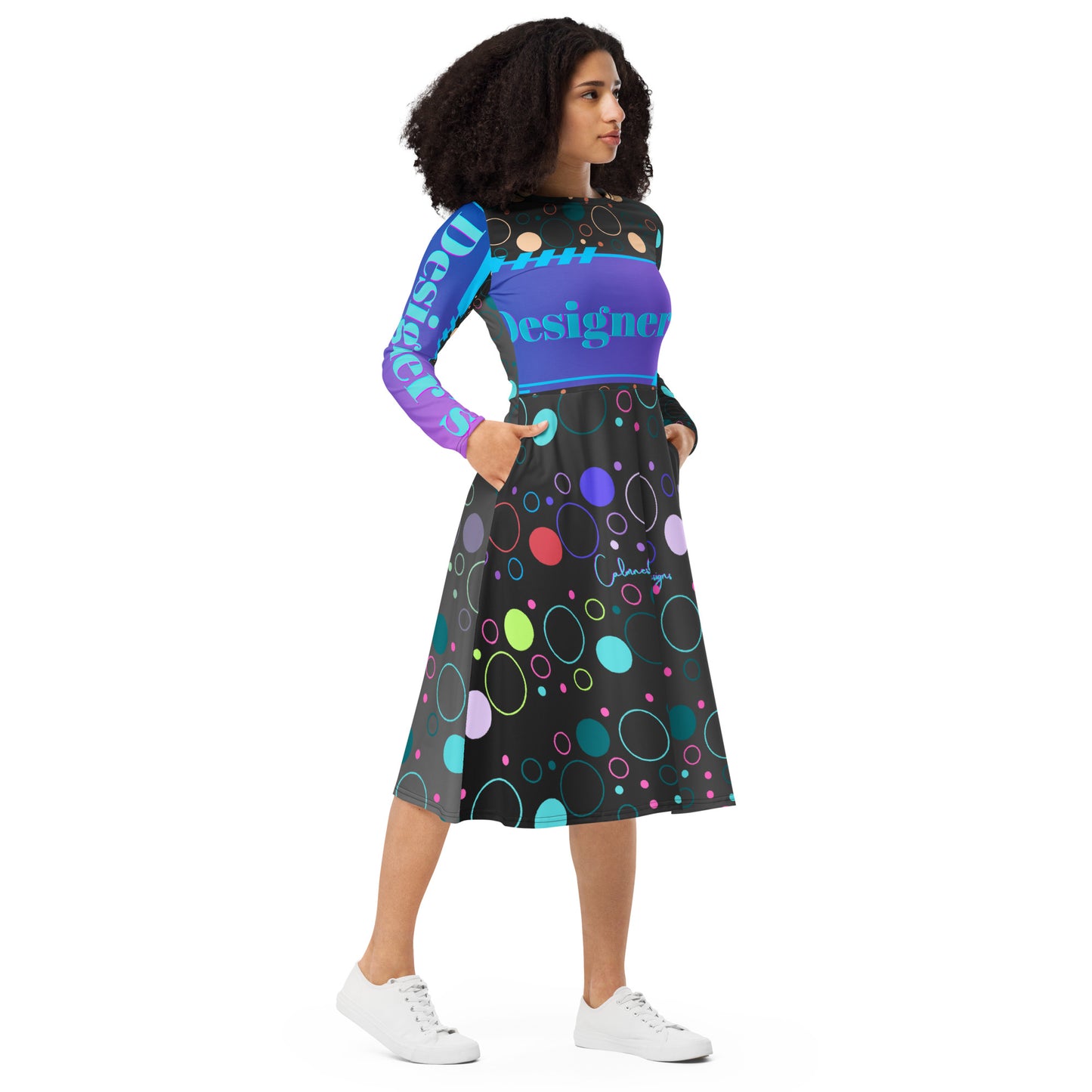 Float Bubble Pattern, (Designer's) Futuristic Frame, CALMNESS DESIGNS, Creative Designer's, All-over print long sleeve midi dress