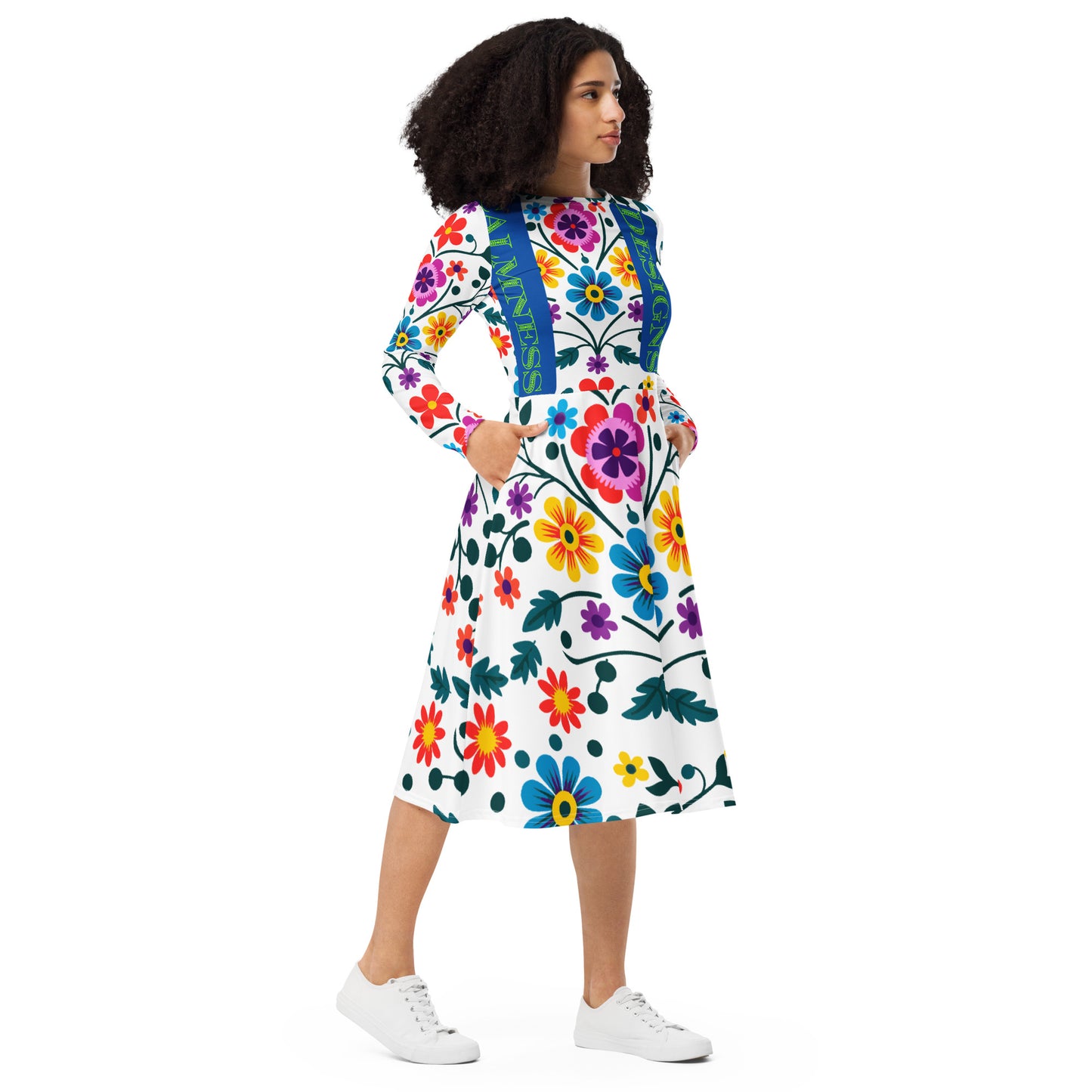 Mexican Embroidery Seamless Pattern, CALMNESS DESIGNS, Creative Designer's, All-over print long sleeve midi dress