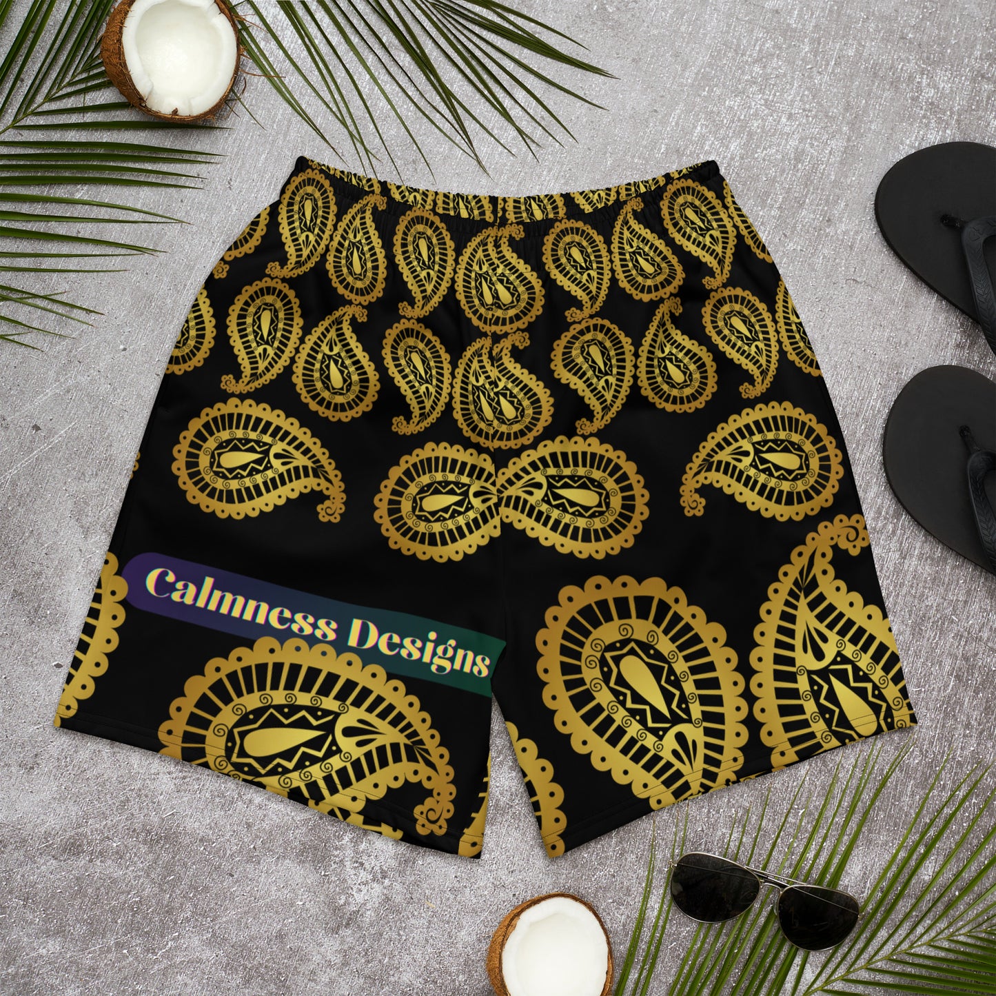 Gold Paisley, Calmness Designs, Men's Recycled Athletic Shorts