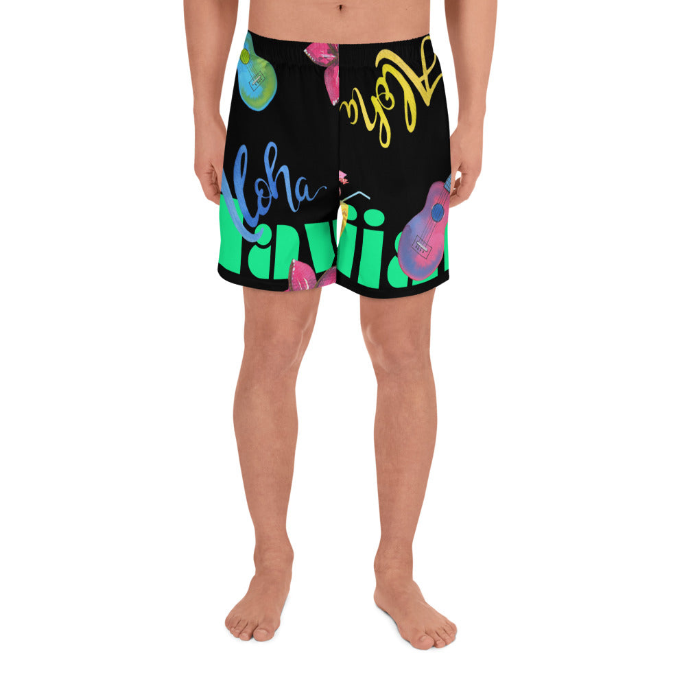 Water Color Hawaiian, Guitars, Flower's, Aloha, Tropical Drinks, CALMNESS DESIGNS, Creative Designer's, Men's Recycled Athletic Shorts