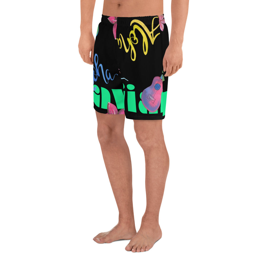 Water Color Hawaiian, Guitars, Flower's, Aloha, Tropical Drinks, CALMNESS DESIGNS, Creative Designer's, Men's Recycled Athletic Shorts