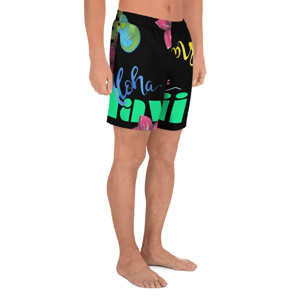 Water Color Hawaiian, Guitars, Flower's, Aloha, Tropical Drinks, CALMNESS DESIGNS, Creative Designer's, Men's Recycled Athletic Shorts