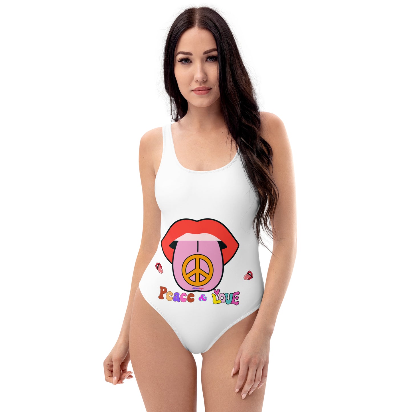 70s Retro Groovy Hippie, (PEACE & LOVE), Tongue with Peace Sign, Mouth, Calmness Designs, One-Piece Swimsuit