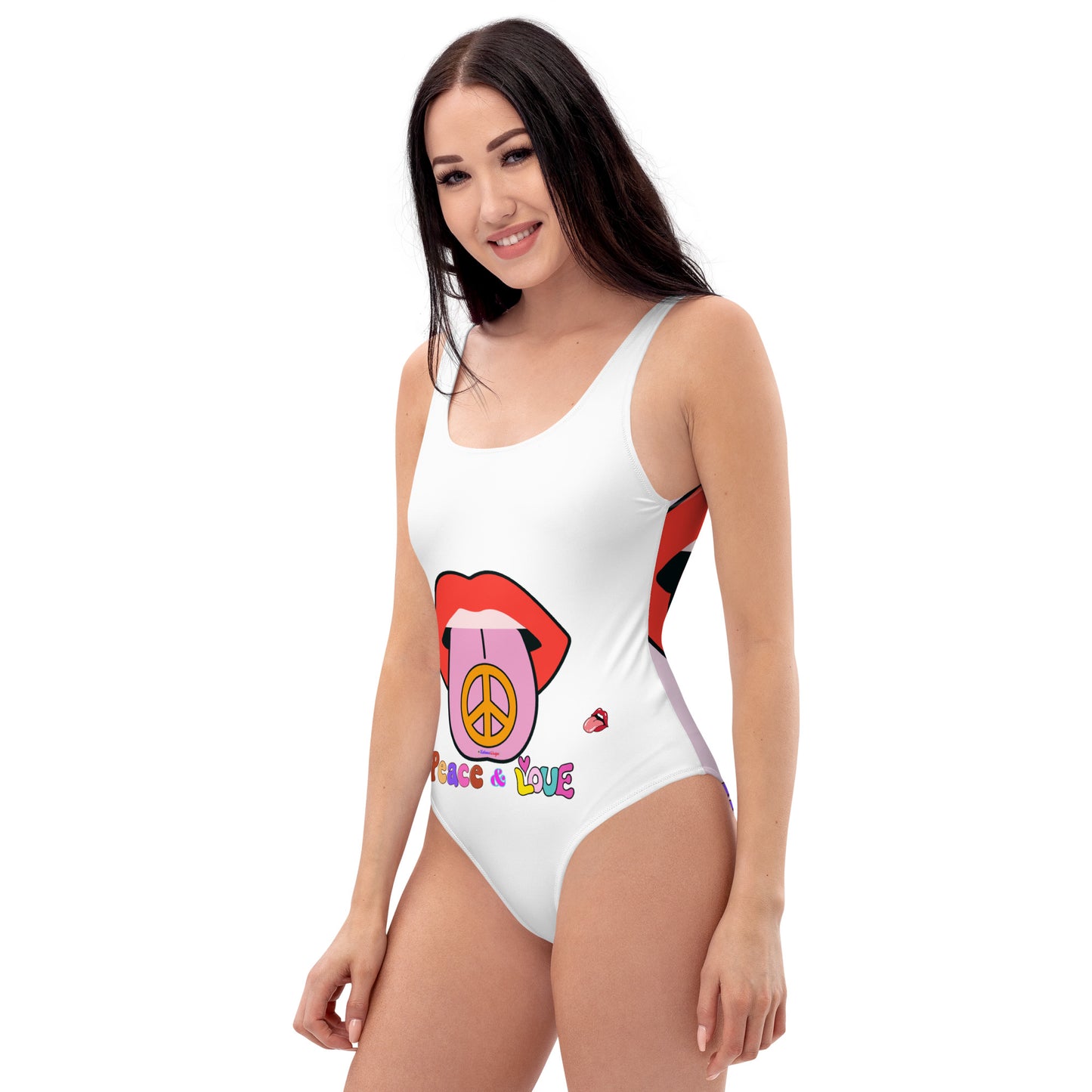 70s Retro Groovy Hippie, (PEACE & LOVE), Tongue with Peace Sign, Mouth, Calmness Designs, One-Piece Swimsuit