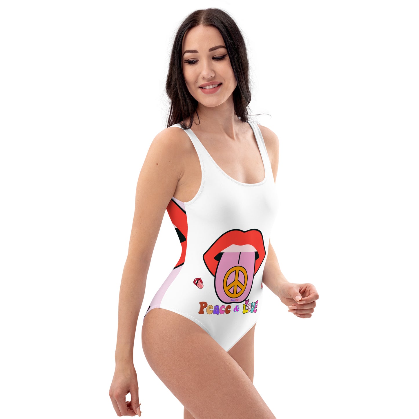 70s Retro Groovy Hippie, (PEACE & LOVE), Tongue with Peace Sign, Mouth, Calmness Designs, One-Piece Swimsuit