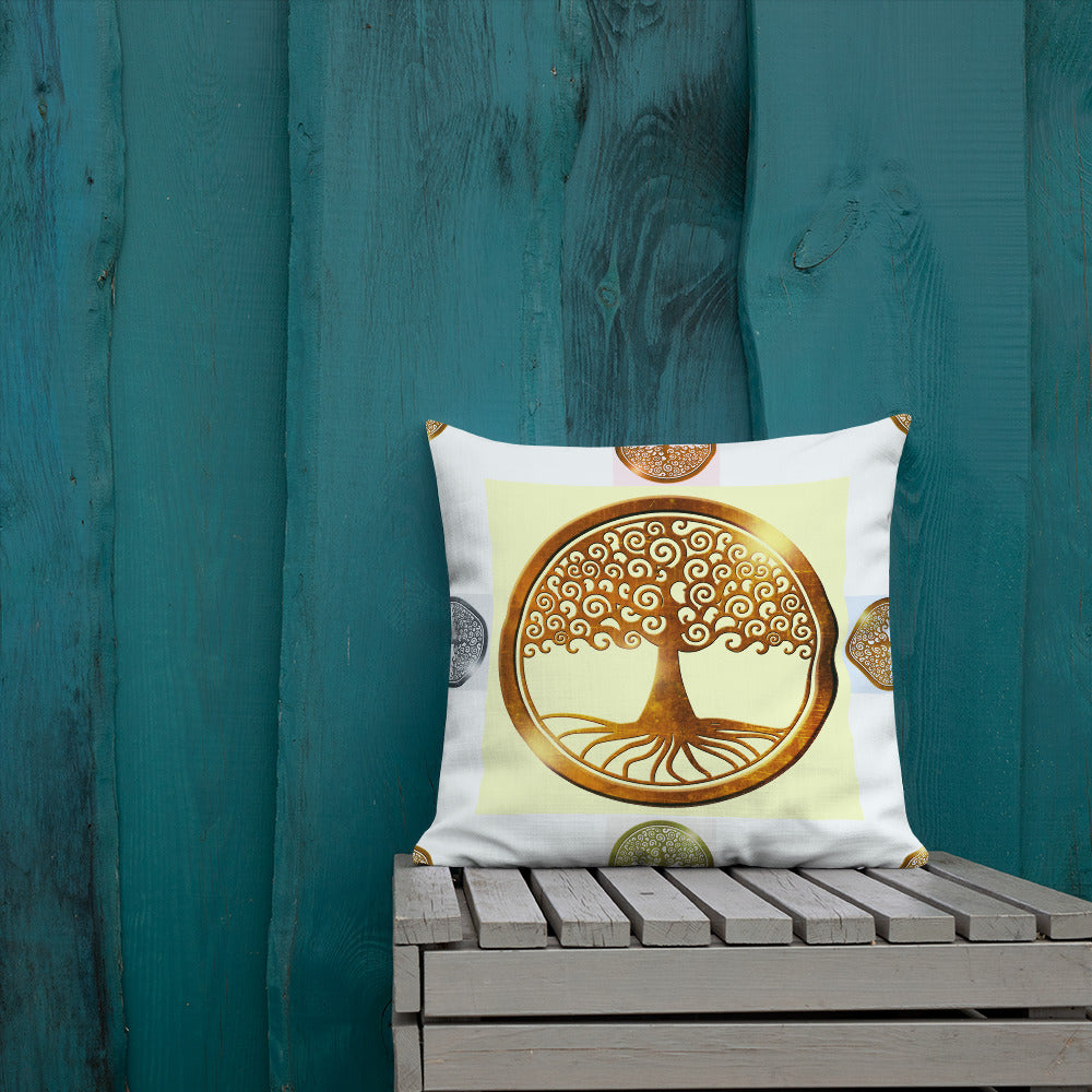World Life Tree Gold Medallion Pendant, Calmness Designs, Premium Pillow