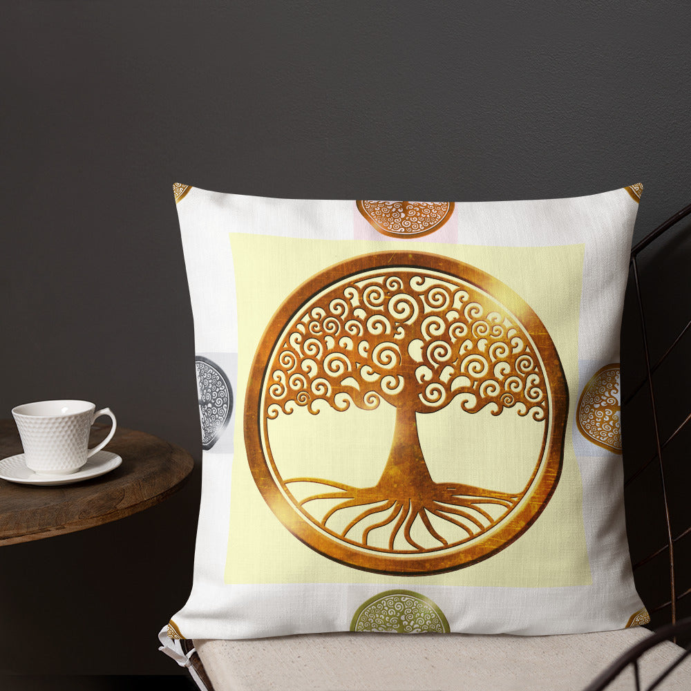 World Life Tree Gold Medallion Pendant, Calmness Designs, Premium Pillow