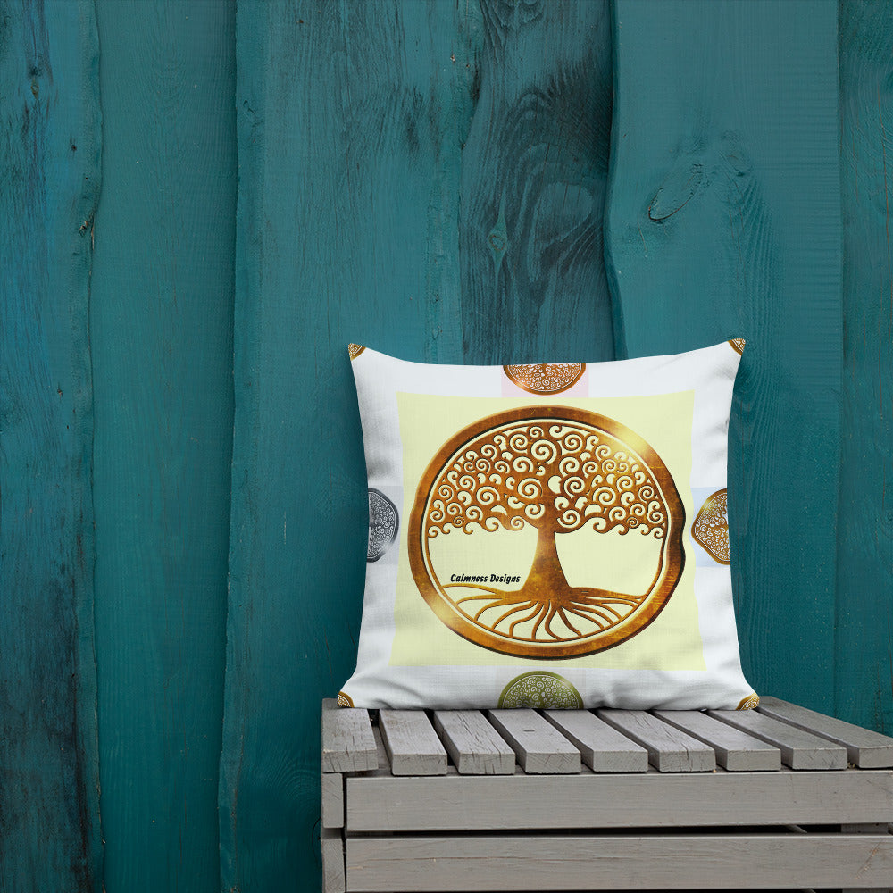 World Life Tree Gold Medallion Pendant, Calmness Designs, Premium Pillow