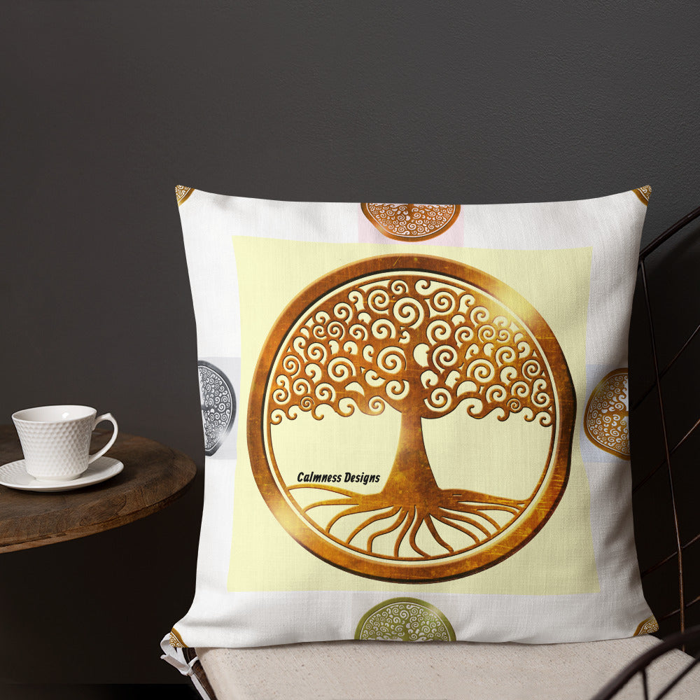 World Life Tree Gold Medallion Pendant, Calmness Designs, Premium Pillow