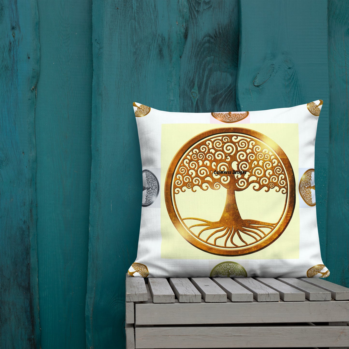 World Life Tree Gold Medallion Pendant, Calmness Designs, Premium Pillow