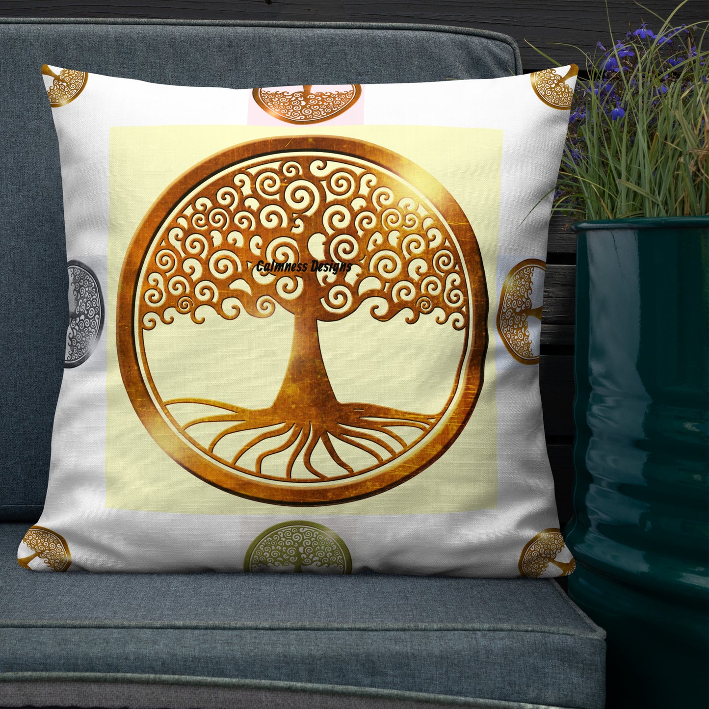 World Life Tree Gold Medallion Pendant, Calmness Designs, Premium Pillow