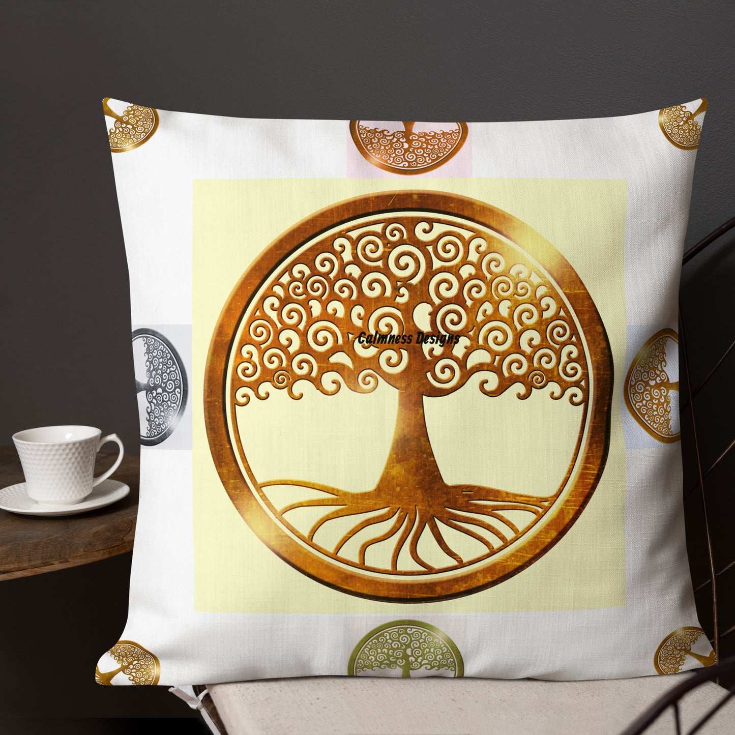 World Life Tree Gold Medallion Pendant, Calmness Designs, Premium Pillow