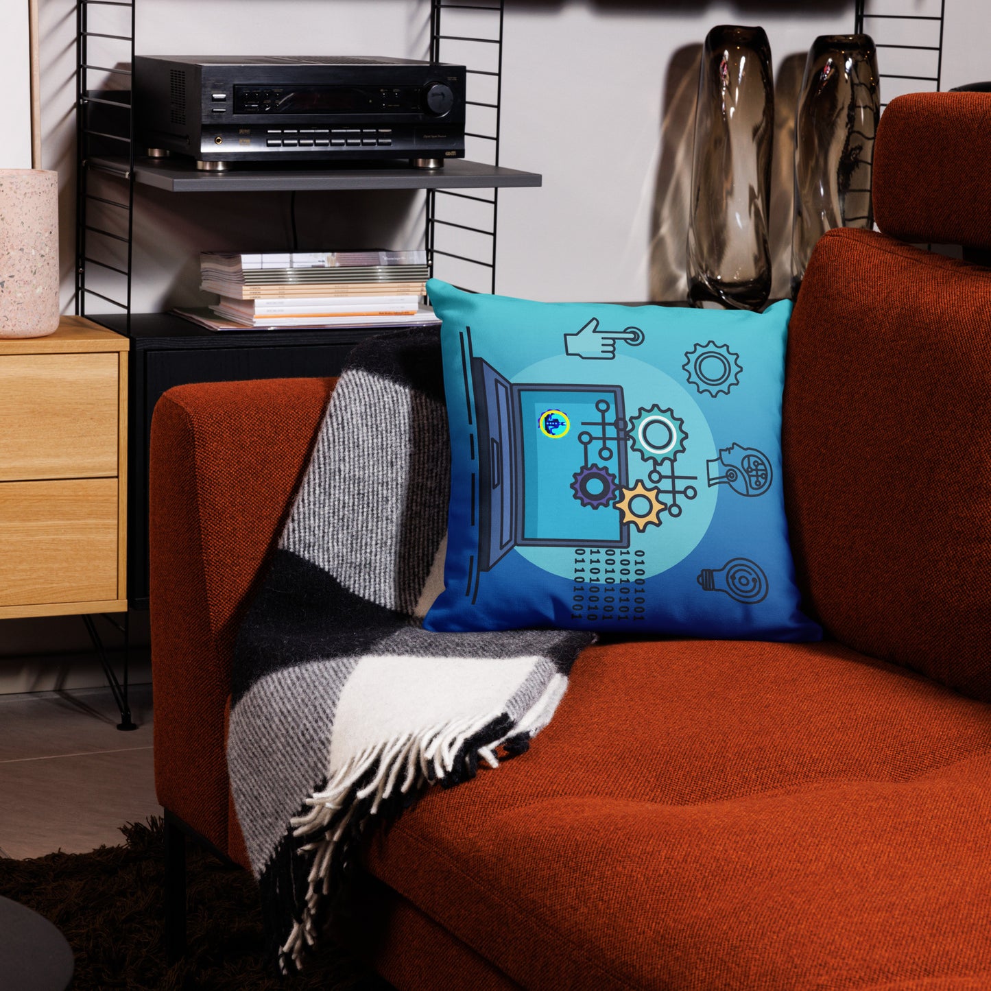 Laptop with Artificial Intelligence, Head, Hand 1s and 0s, Nuts, Bolts, CALMNESS DESIGNS, Creative Designer's, Premium Pillow Case