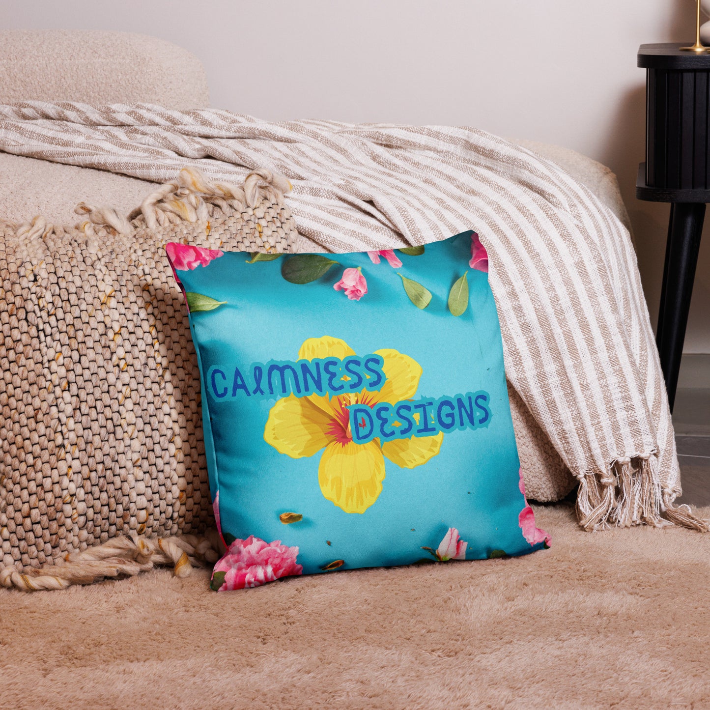 Floral Pattern with Pink Spring Flowers, CALMNESS DESIGNS, Creative Designer's, Premium Pillow Case