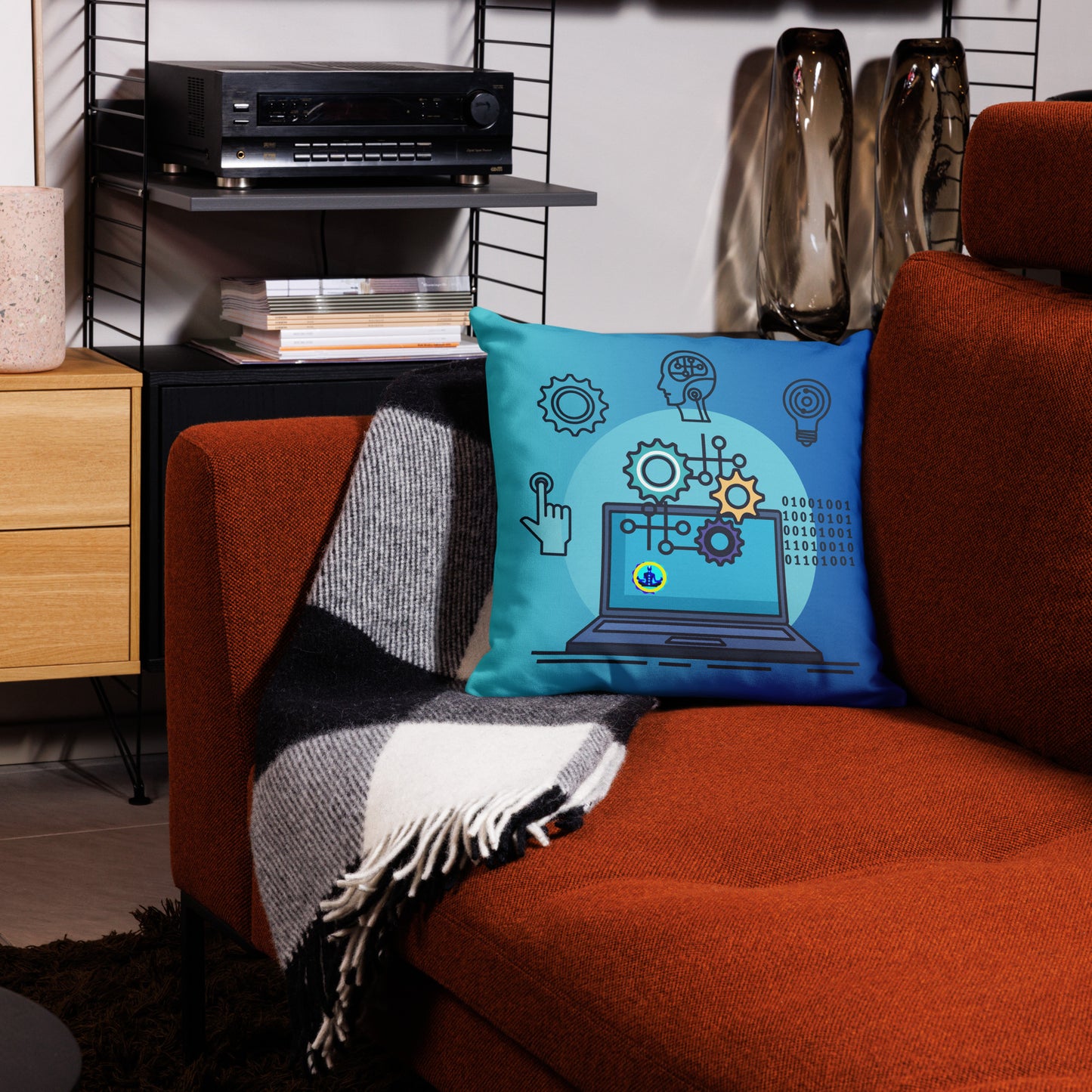 Laptop with Artificial Intelligence, Head, Hand 1s and 0s, Nuts, Bolts, CALMNESS DESIGNS, Creative Designer's, Premium Pillow Case