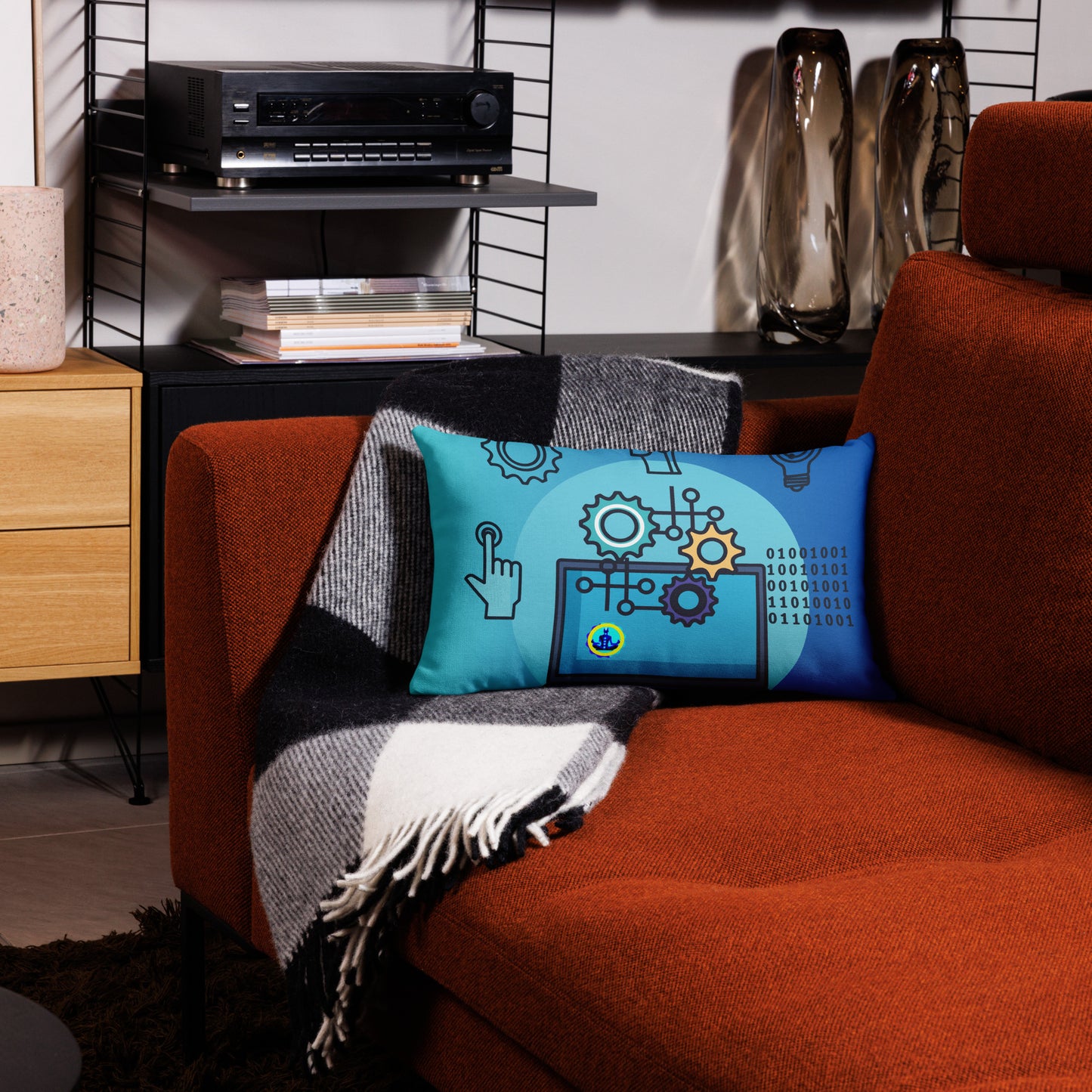 Laptop with Artificial Intelligence, Head, Hand 1s and 0s, Nuts, Bolts, CALMNESS DESIGNS, Creative Designer's, Premium Pillow Case
