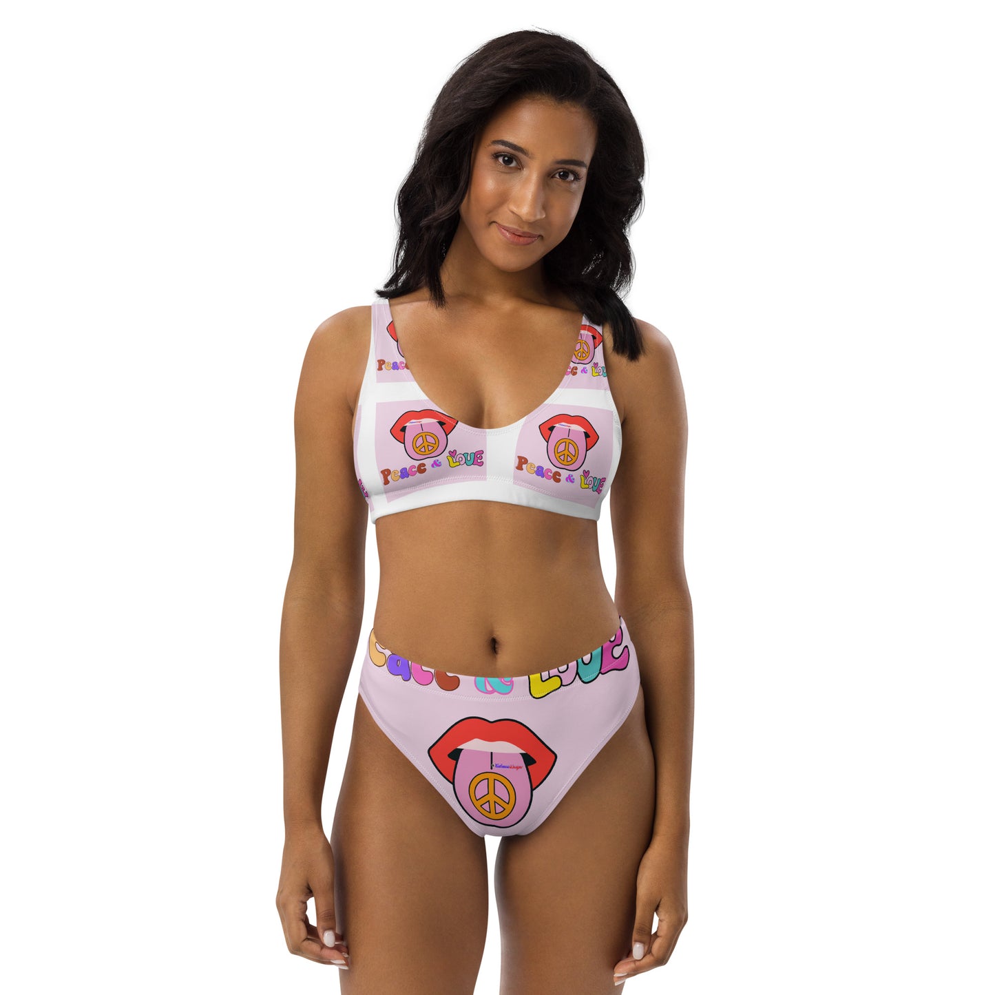 70s Retro Groovy Hippie, (PEACE & LOVE), Tongue with Peace Sign, Mouth, Calmness Designs, Recycled high-waisted bikini