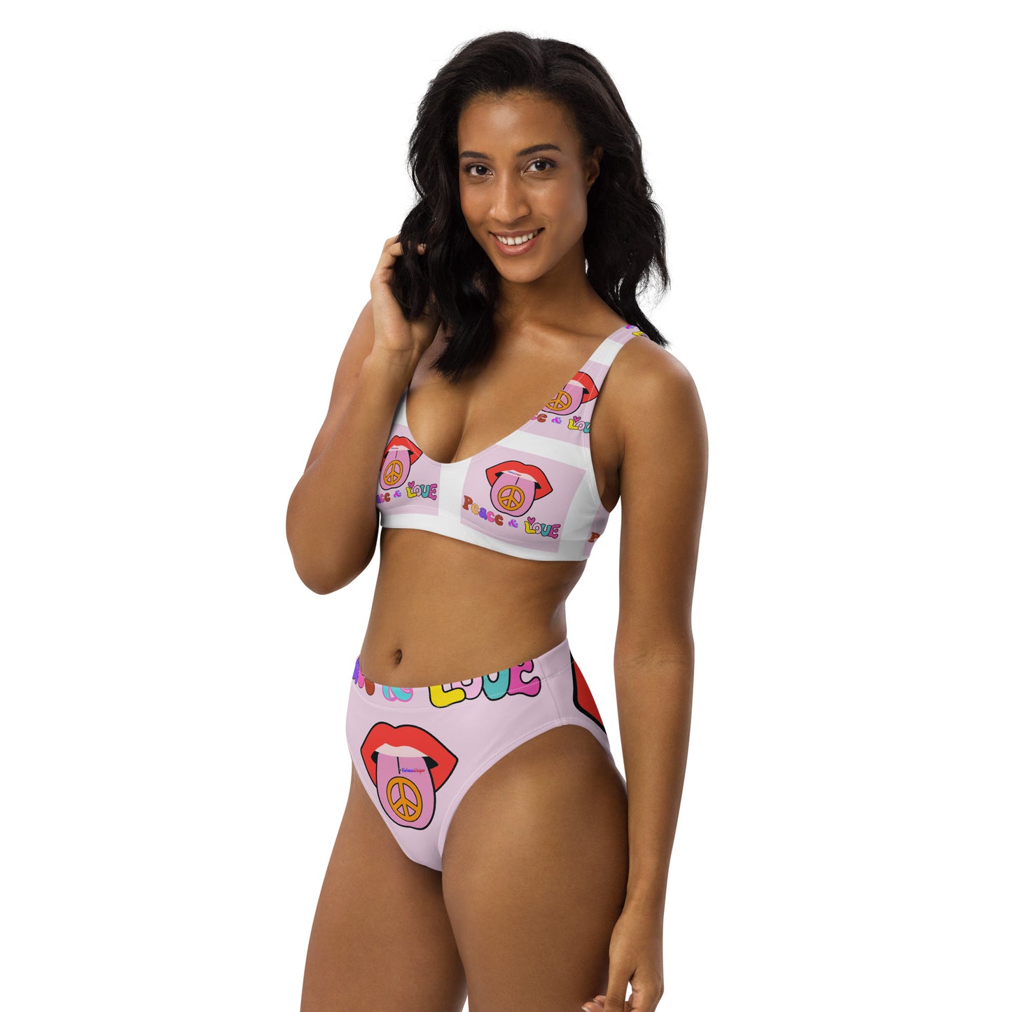 70s Retro Groovy Hippie, (PEACE & LOVE), Tongue with Peace Sign, Mouth, Calmness Designs, Recycled high-waisted bikini