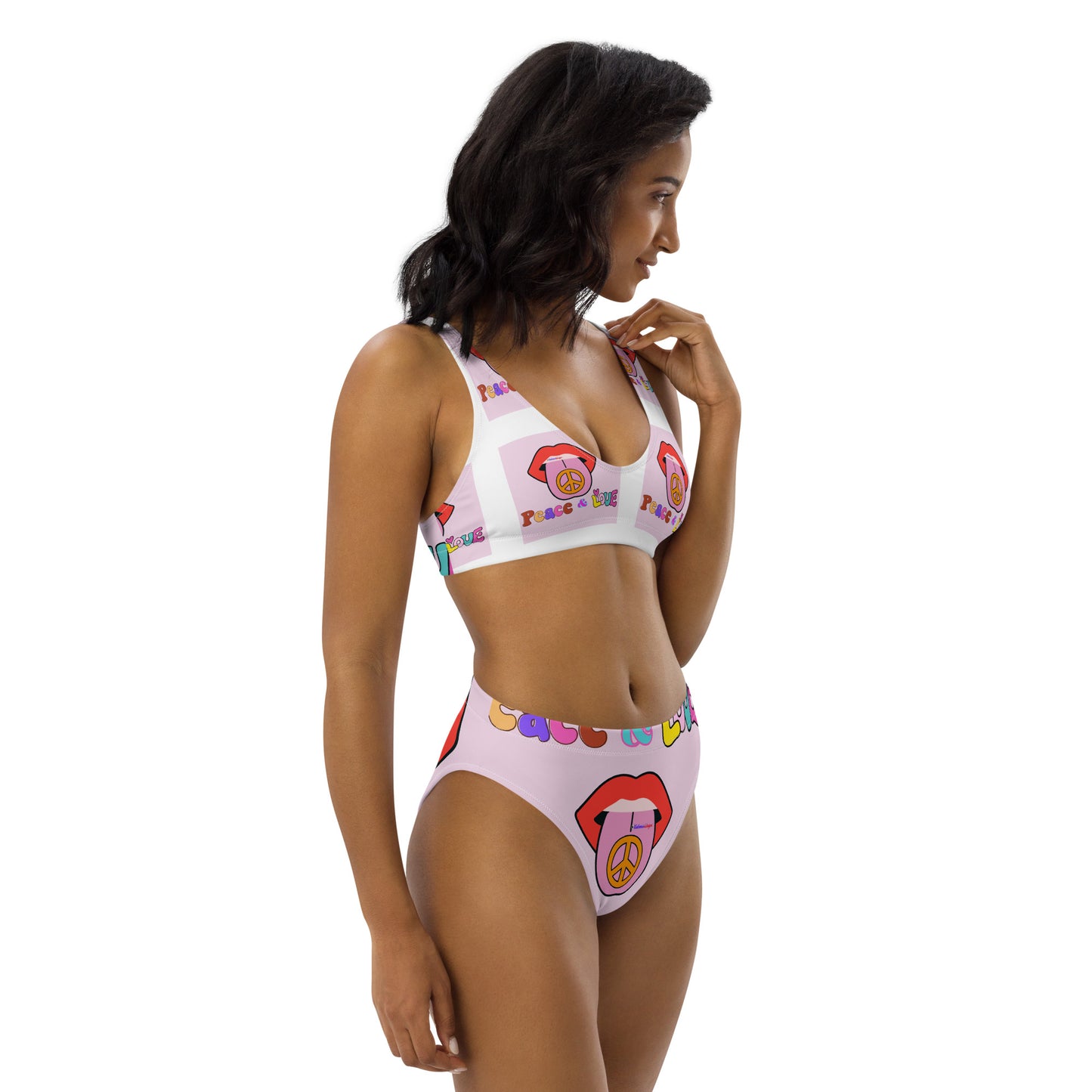 70s Retro Groovy Hippie, (PEACE & LOVE), Tongue with Peace Sign, Mouth, Calmness Designs, Recycled high-waisted bikini