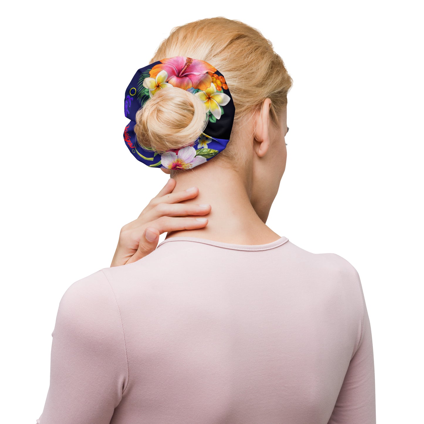 Tropical Hibiscus and Palm Branches, CALMNESS DESIGNS, Creative Designer's, Recycled Scrunchie