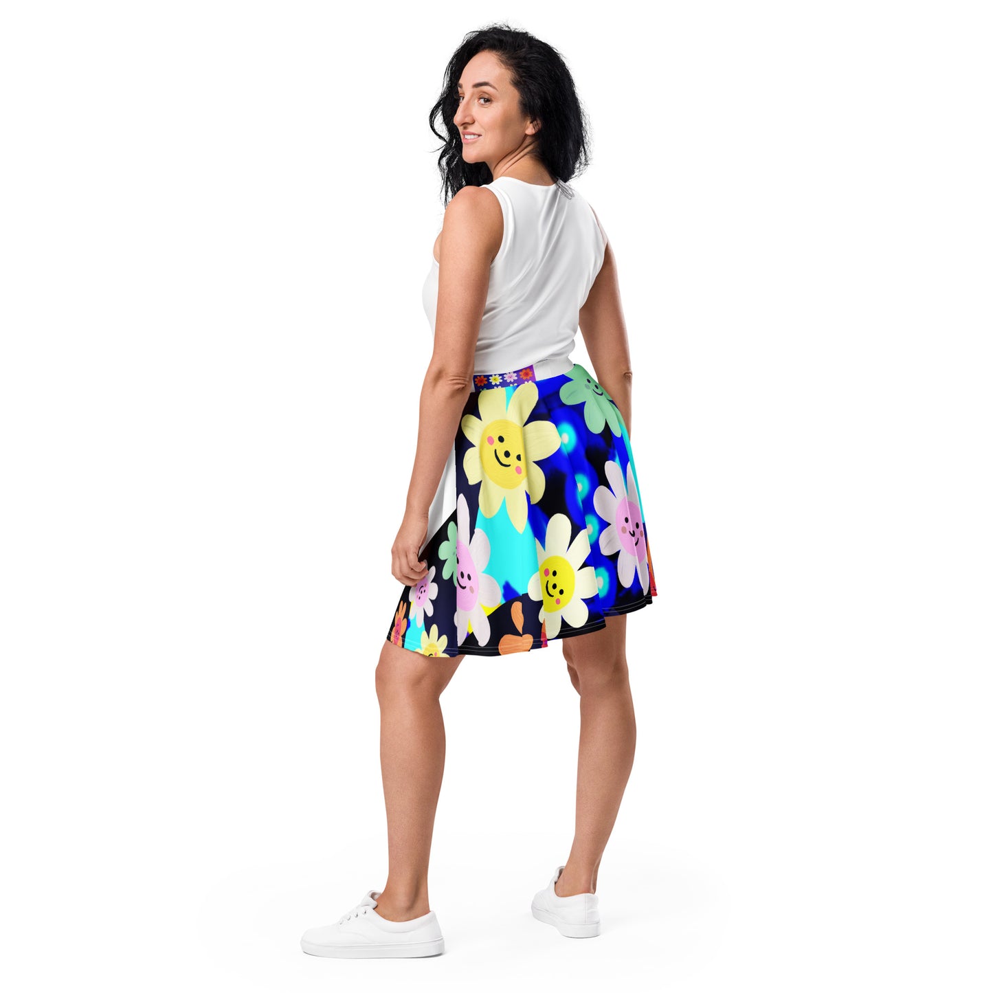 Cute Impasto Daisy flowers, STAR-Logo CALMNESS DESIGNS, CUTE-SMILY FACE Calmness Designs Skater Skirt