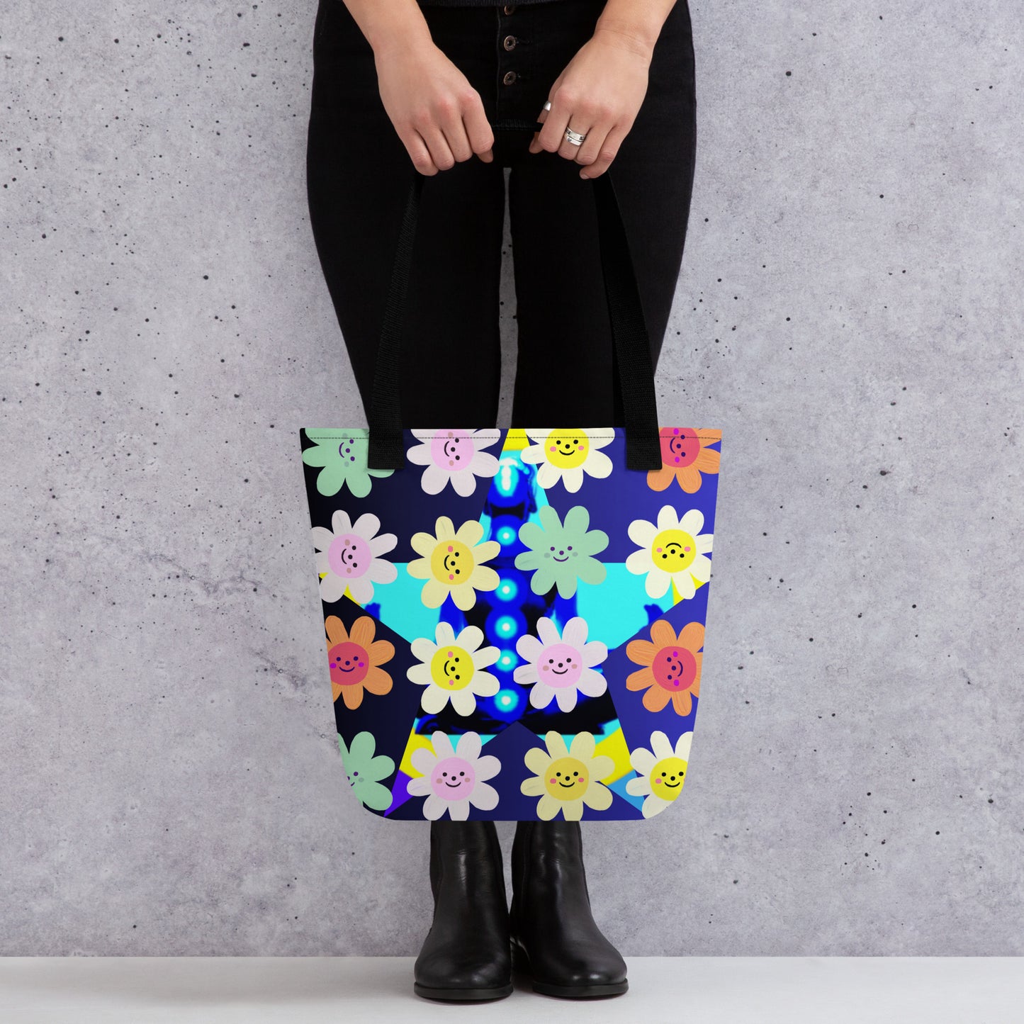 Cute Impasto Daisy flowers, STAR-Logo CALMNESS DESIGNS, CUTE-SMILY FACE Calmness Designs Tote bag