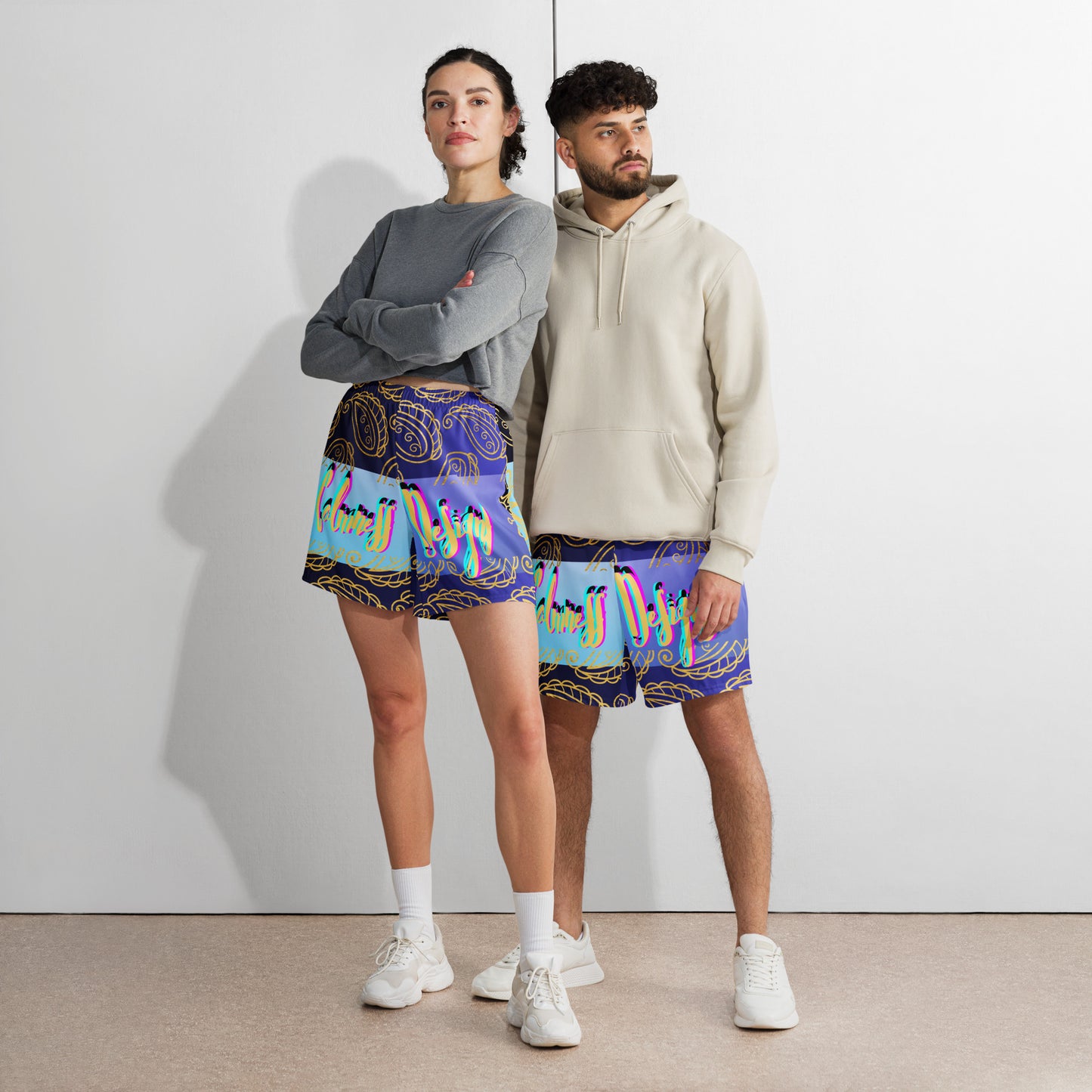 Bandana Design, Bidri Decorative Elements Seamless Pattern Line art GOLD Paisley, TEXTURE, CALMNESS DESIGNS, Creative Designer's, All-Over Print Unisex Athletic Long Shorts