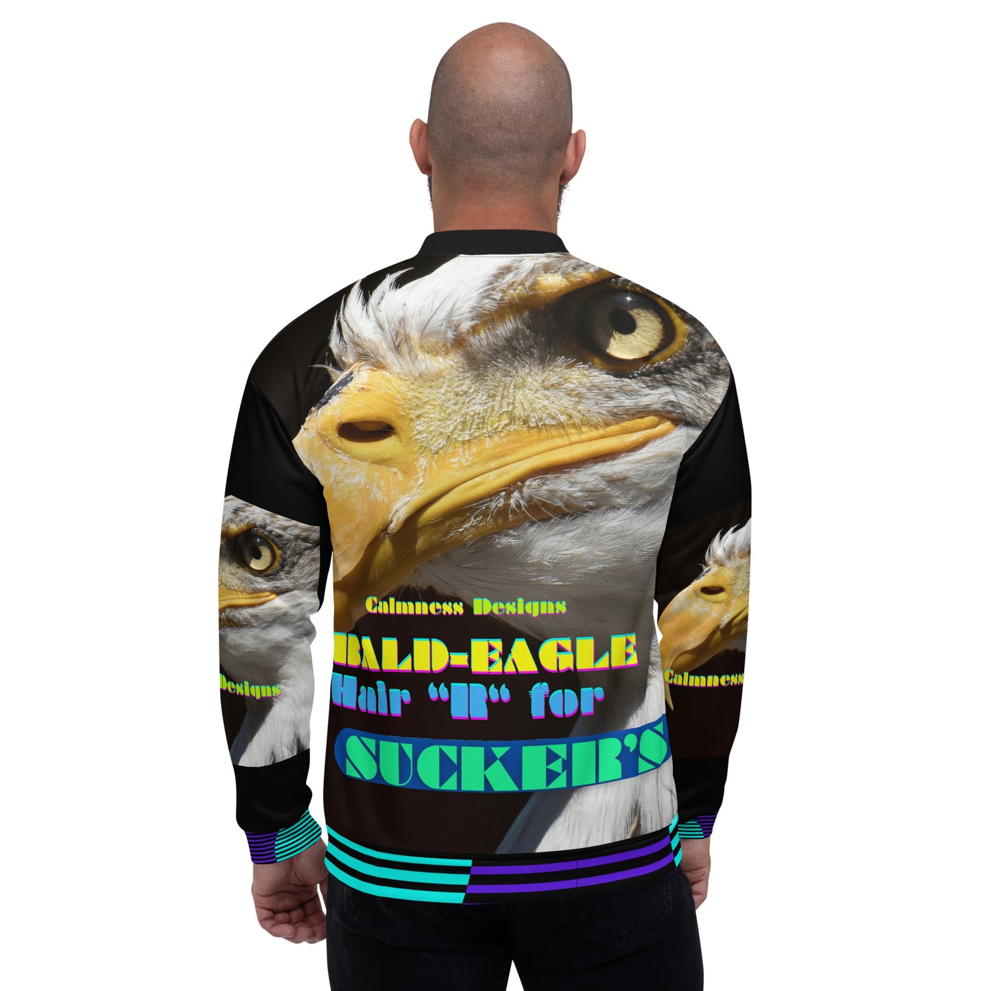 Calmness Designs, Bald Head, Hair "R" For Sucker's Unisex Bomber Jacket