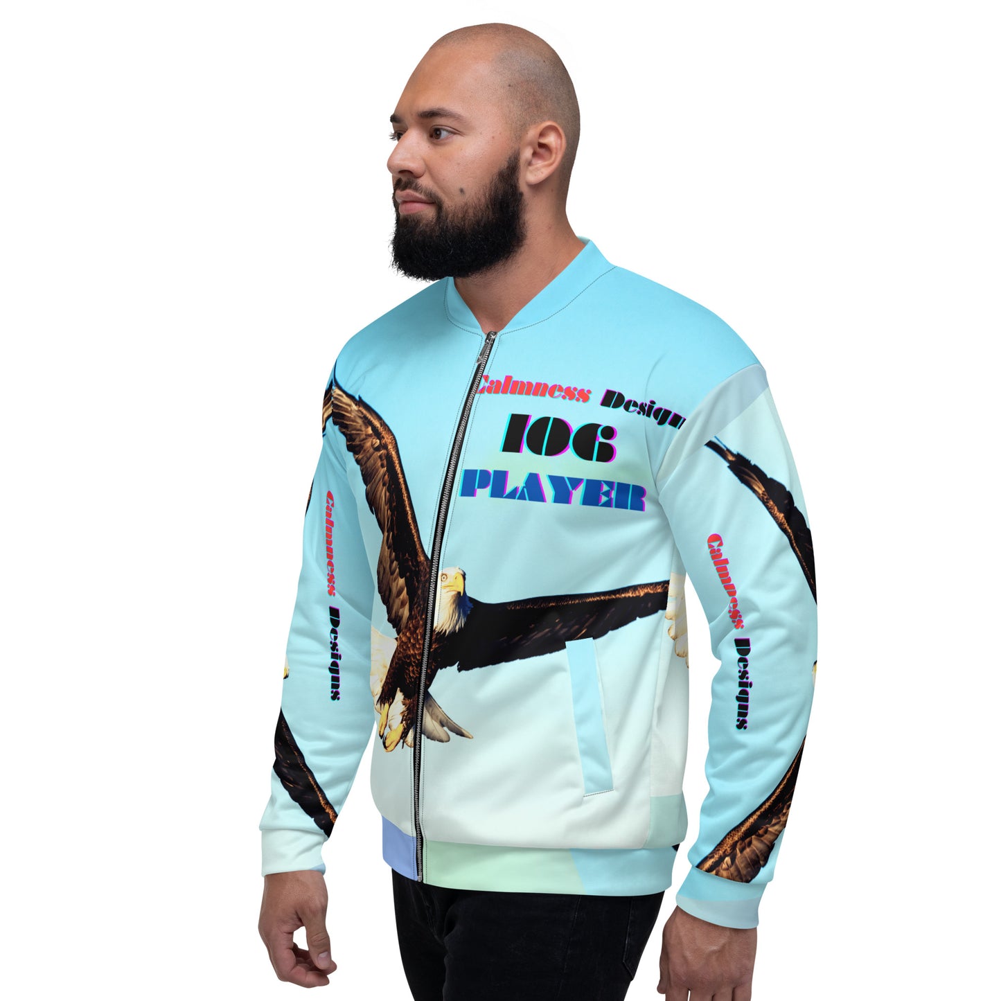 Calmness Designs, Bald Head, FLY-AWAY PLAYER 106 Unisex Bomber Jacket