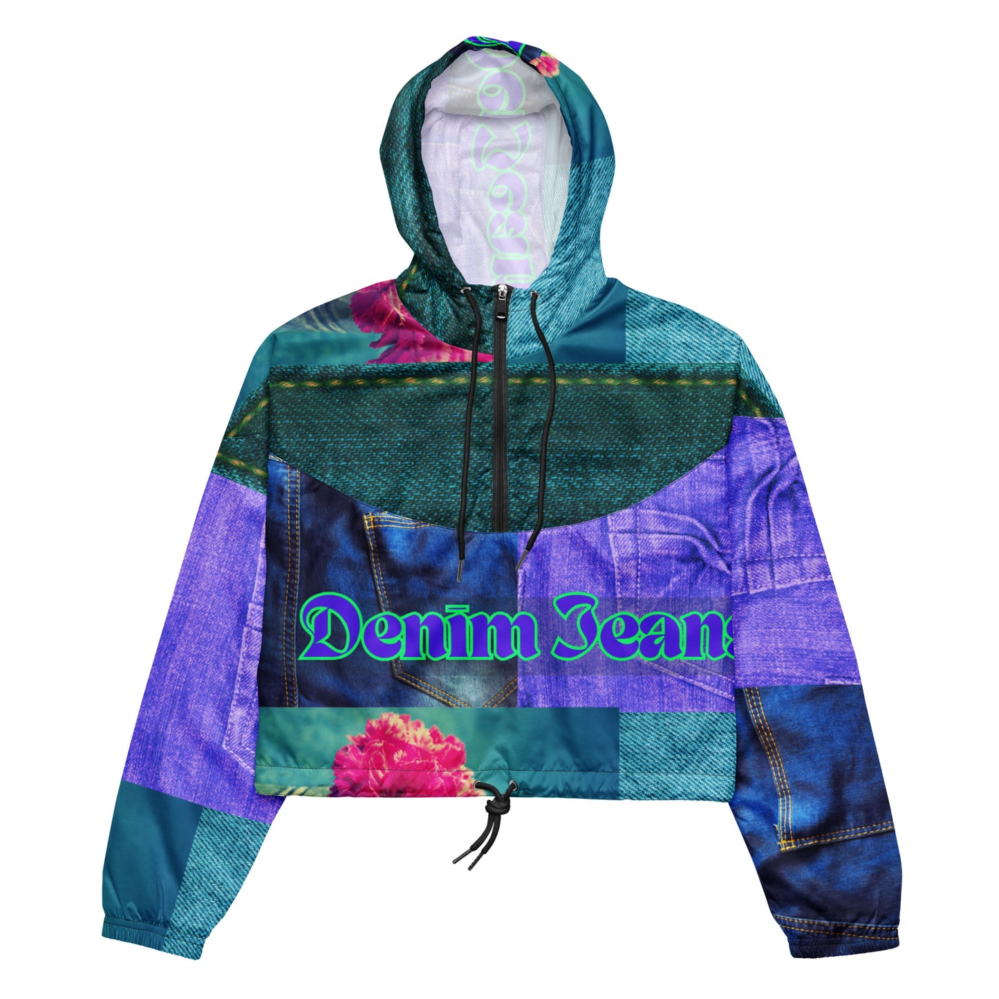 Denim Jeans, Flowers on Jeans, Calmness Designs, Women’s cropped windbreaker
