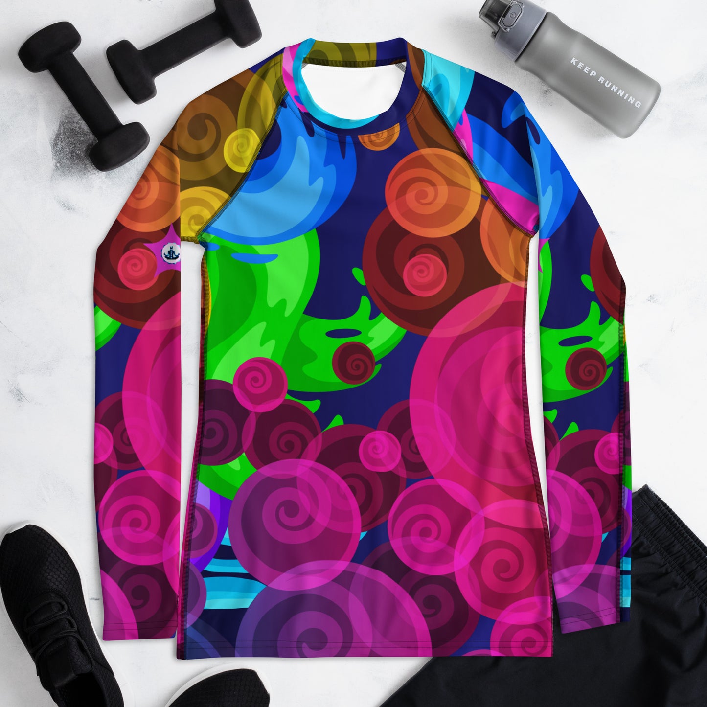 Colorful Swirls Seamless Pattern, Abstract Colorful Background, CALMNESS DESIGNS, Creative Designer's, Women's Rash Guard