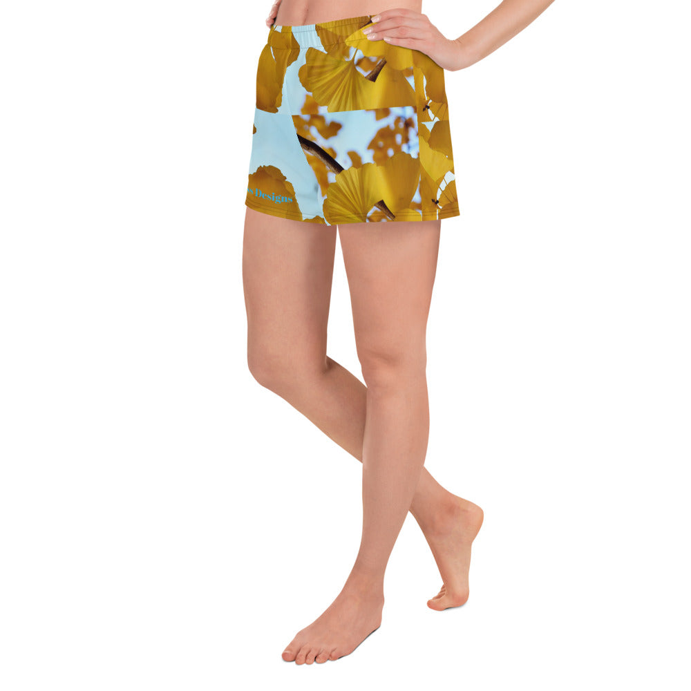 Ginkgo Tree Leaves, Calmness Designs, Designer's Styles, Creative Designs Creative, Genuine, Authentic, Calmness Designs, Great For Gifts, Design printed on all Apparels, Accessories, Homeware's. Women’s Recycled Athletic Shorts