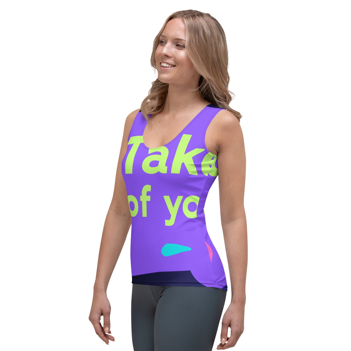 Flat Cutout Take Care of Your Body, CALMNESS DESIGNS, Creative Designer's, Sublimation Cut & Sew Tank Top
