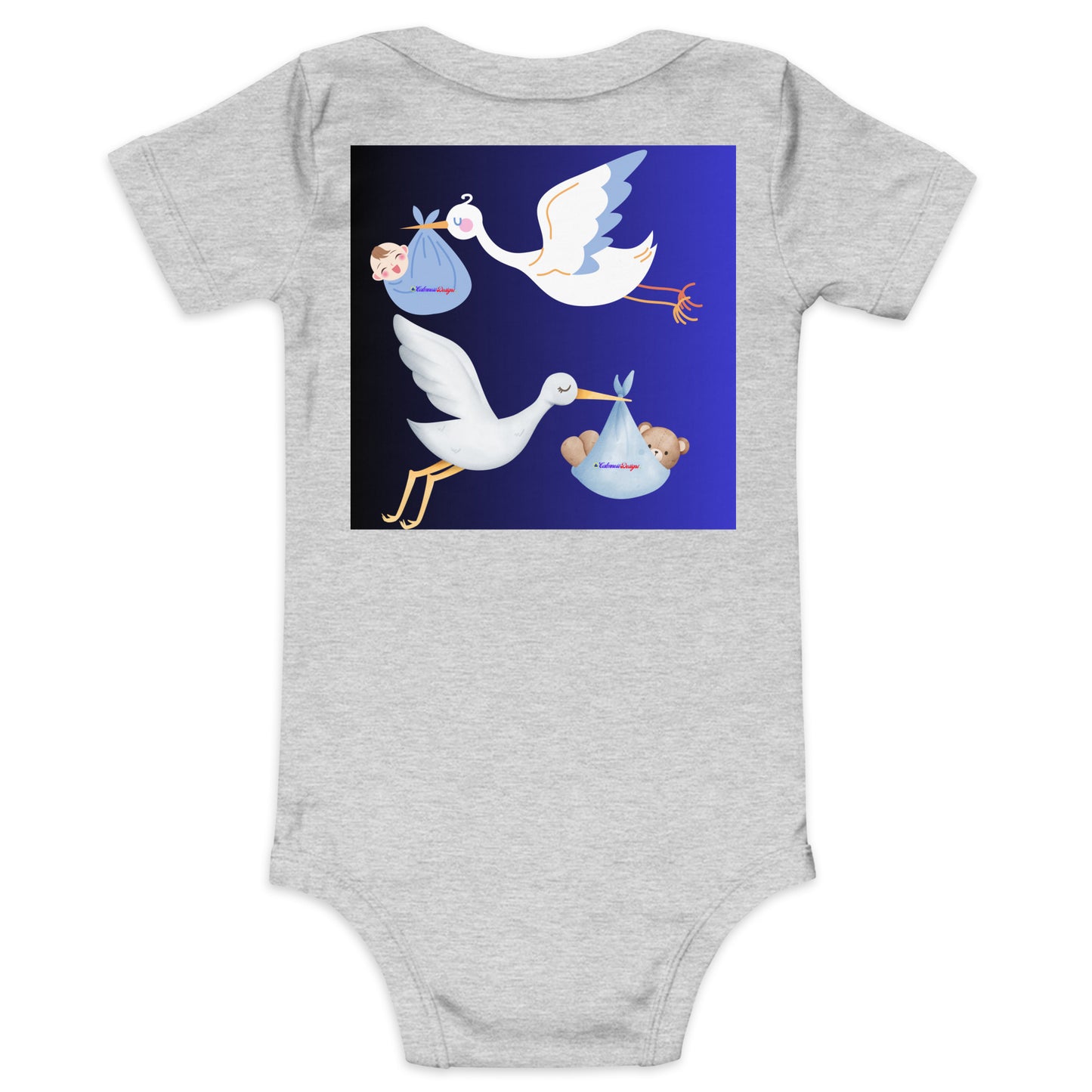 Cute Cartoon Stork with Baby Teddy Bear, Baby Boy Cartoon, CALMNESS DESIGNS, Creative Designer's, Baby short sleeve one piece