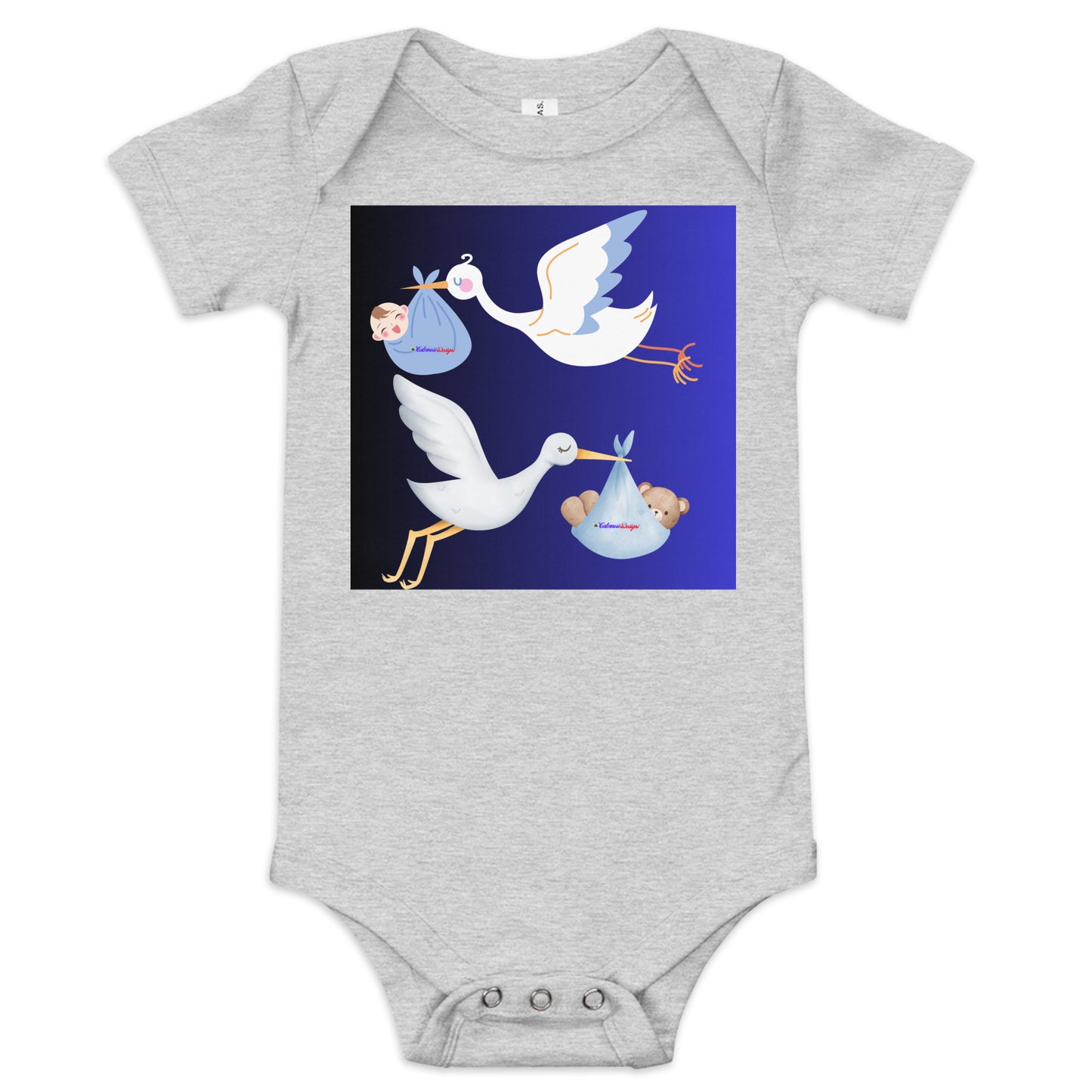 Cute Cartoon Stork with Baby Teddy Bear, Baby Boy Cartoon, CALMNESS DESIGNS, Creative Designer's, Baby short sleeve one piece