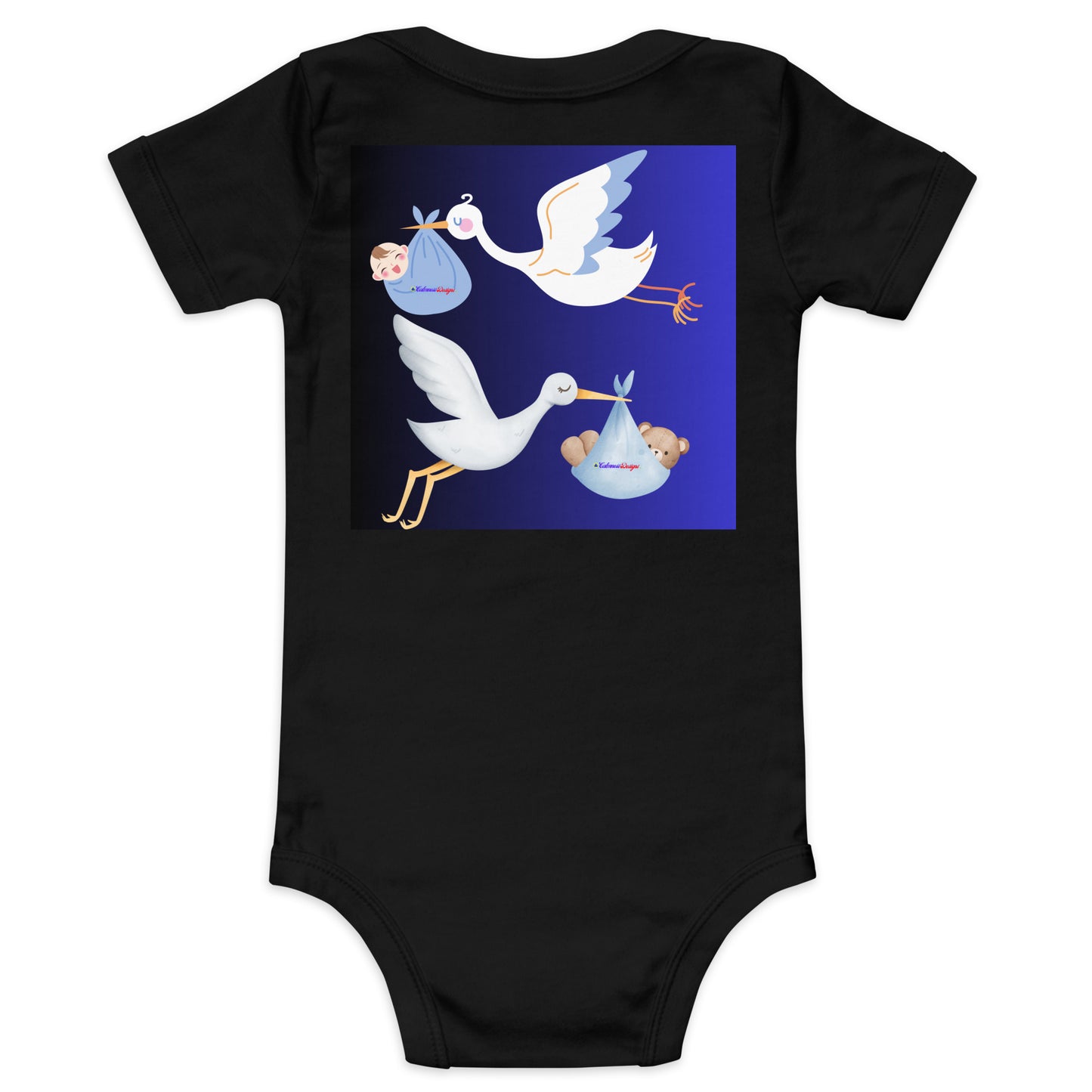 Cute Cartoon Stork with Baby Teddy Bear, Baby Boy Cartoon, CALMNESS DESIGNS, Creative Designer's, Baby short sleeve one piece