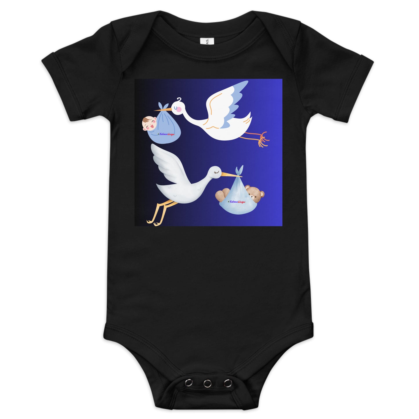 Cute Cartoon Stork with Baby Teddy Bear, Baby Boy Cartoon, CALMNESS DESIGNS, Creative Designer's, Baby short sleeve one piece