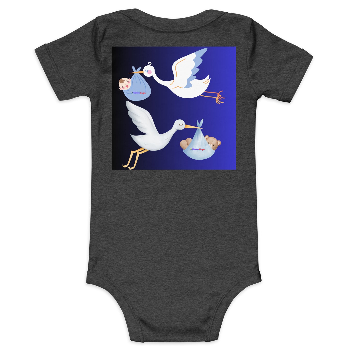 Cute Cartoon Stork with Baby Teddy Bear, Baby Boy Cartoon, CALMNESS DESIGNS, Creative Designer's, Baby short sleeve one piece